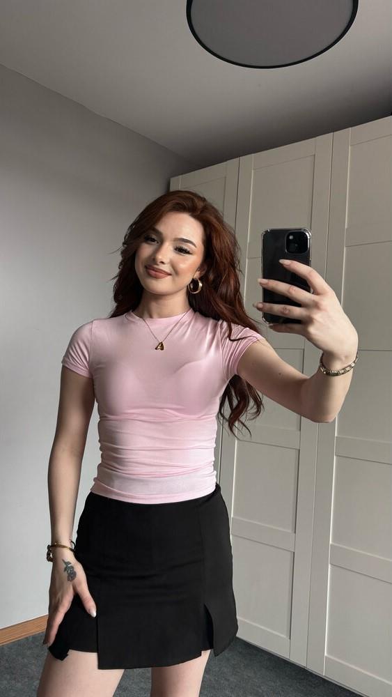 BASIC KISA KOL PEMBE T-SHIRT