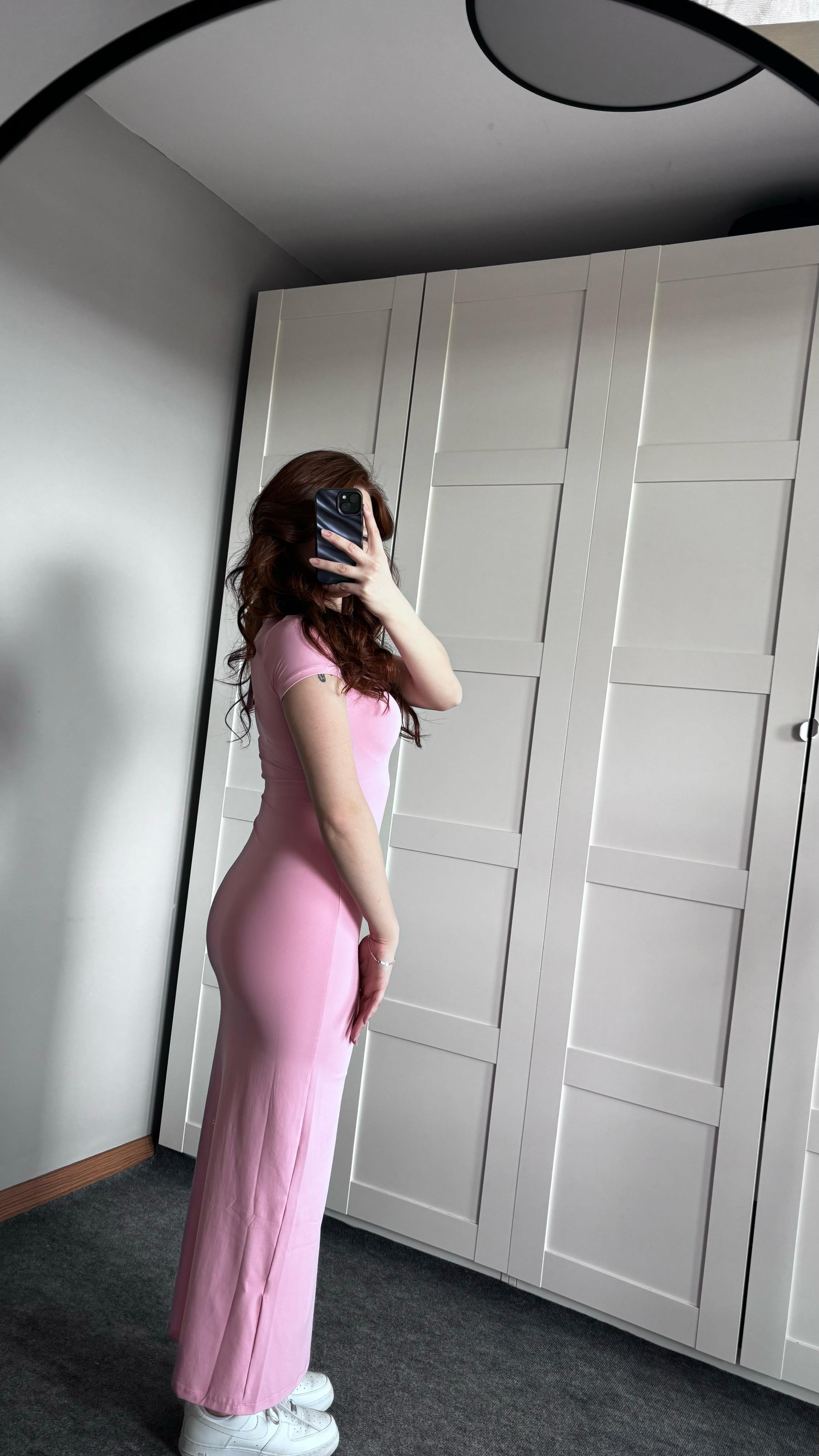 Basıc Kısa Kol Toz Pembe Elbise
