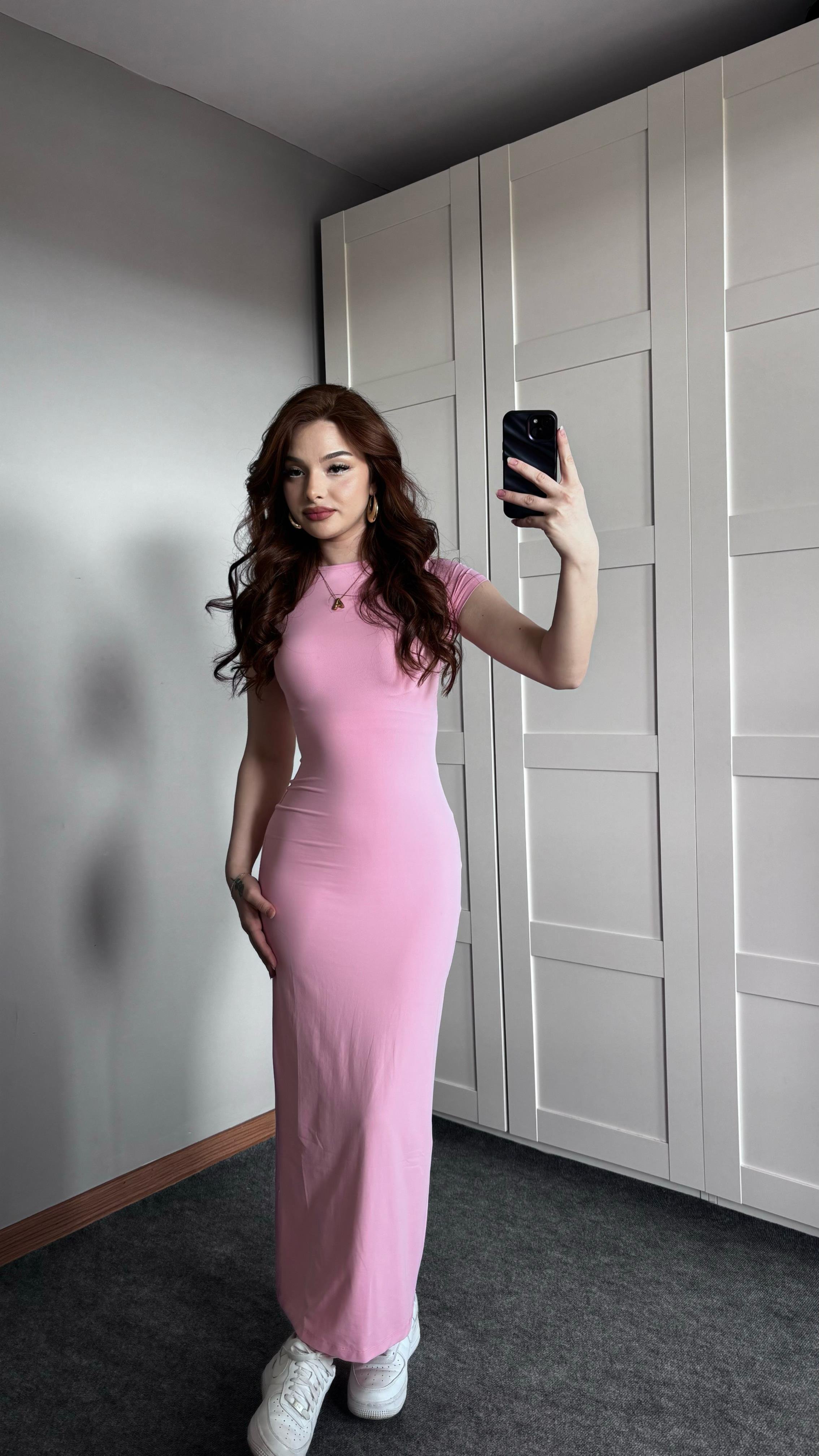 Basıc Kısa Kol Toz Pembe Elbise
