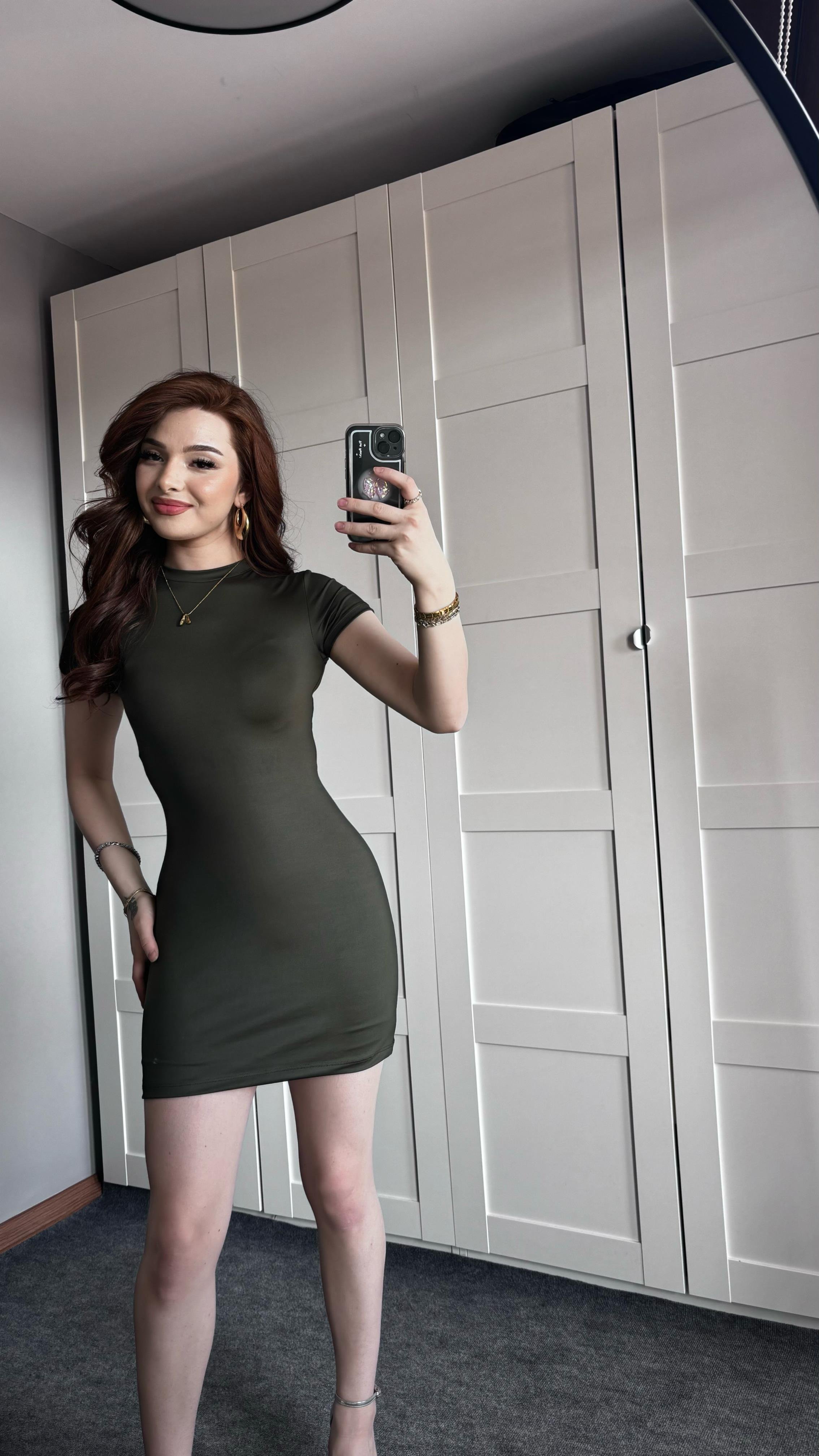 Basıc Mini Kısa Kol Haki Yeşil Elbise