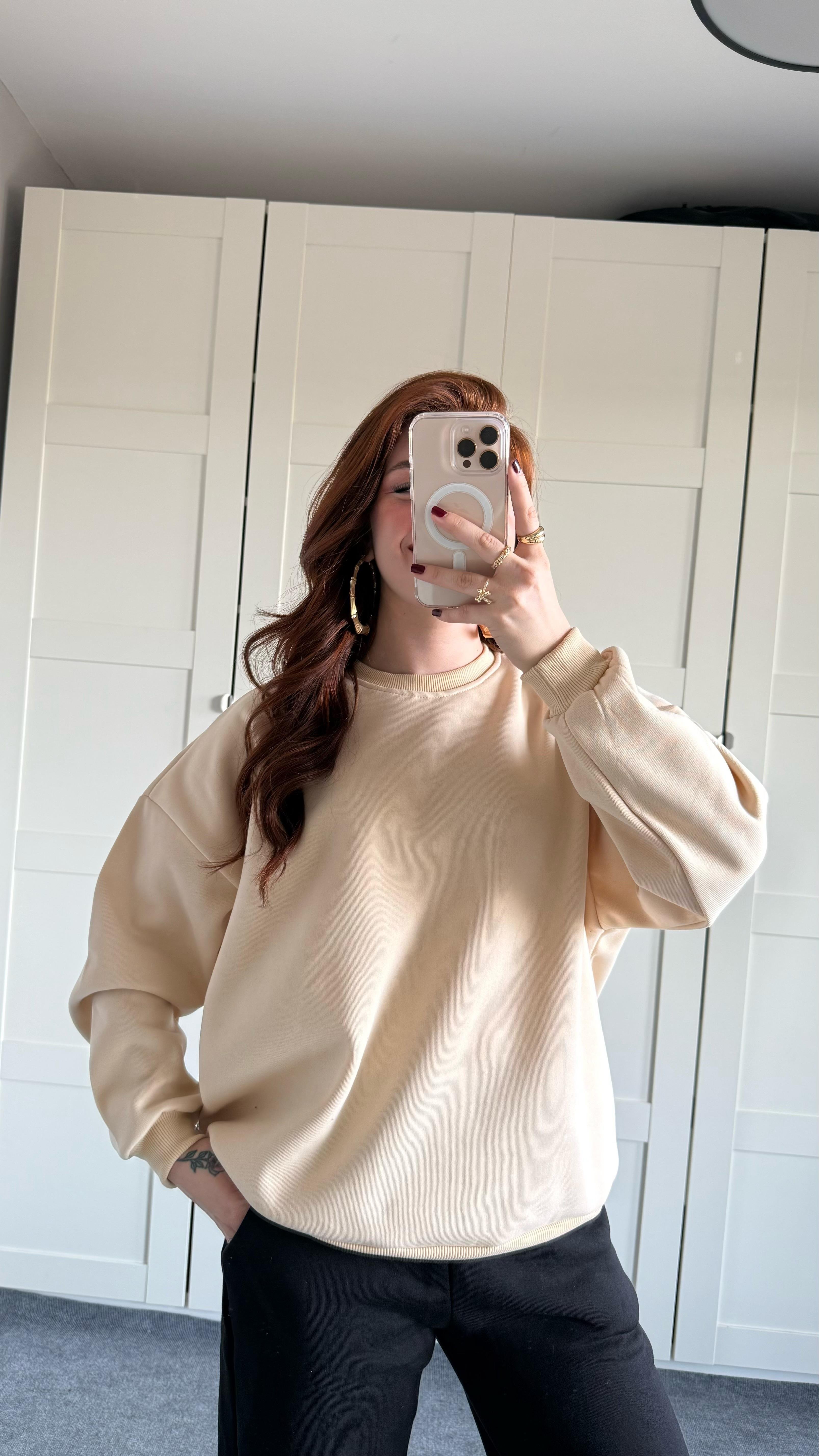 Basıc Oversize Sweat Bej