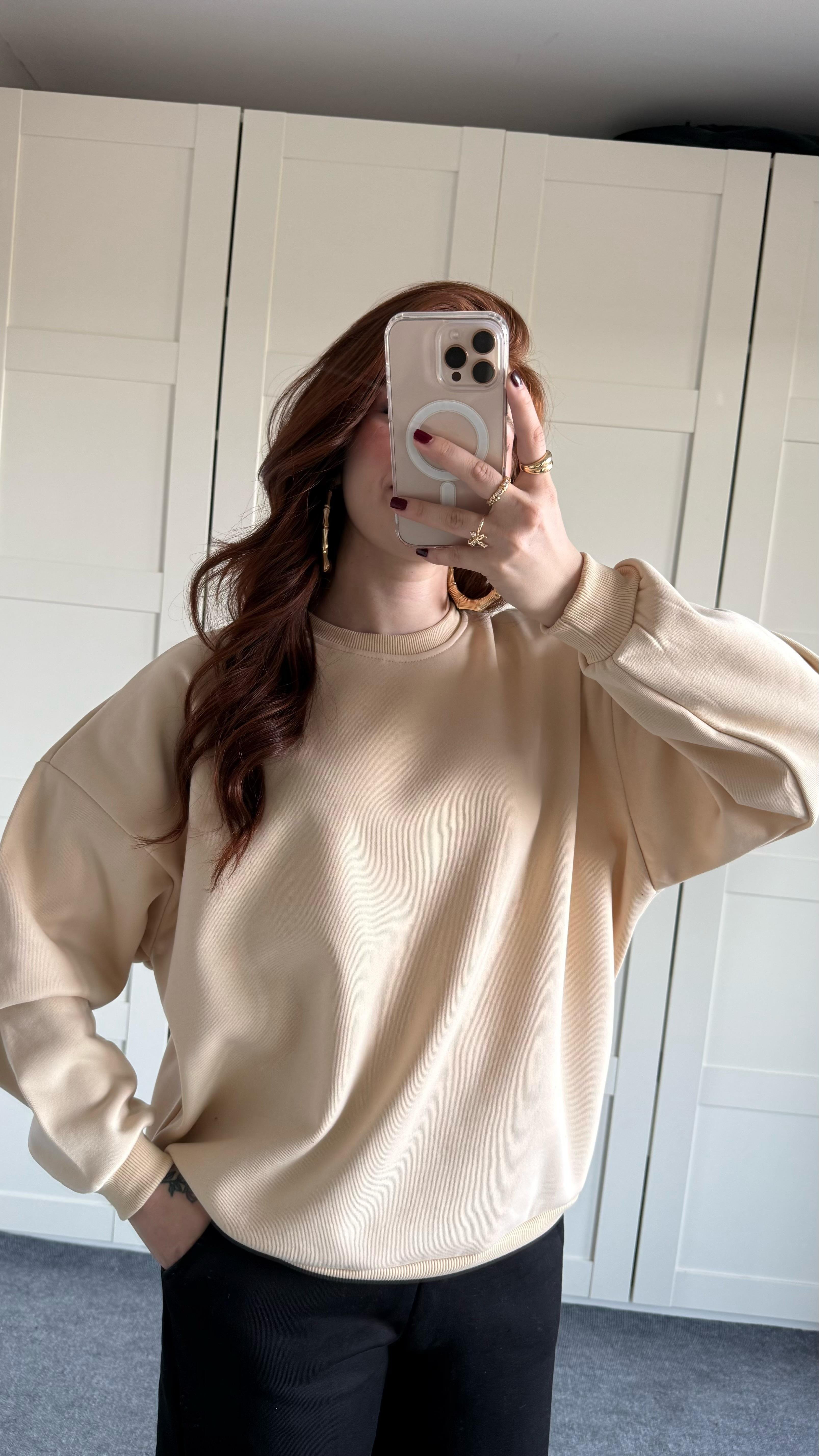 Basıc Oversize Sweat Bej