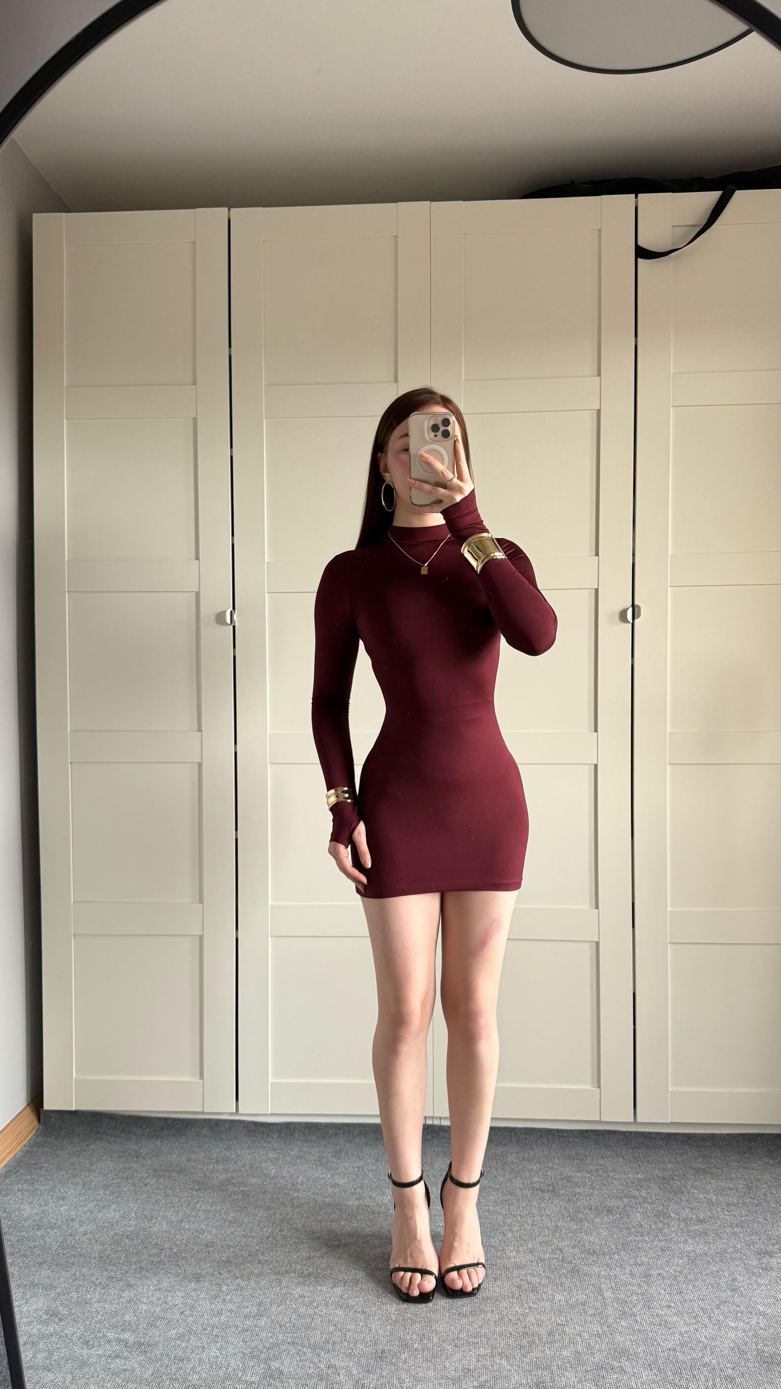 Basıc Parmak geçirmeli Mini Elbise Bordo