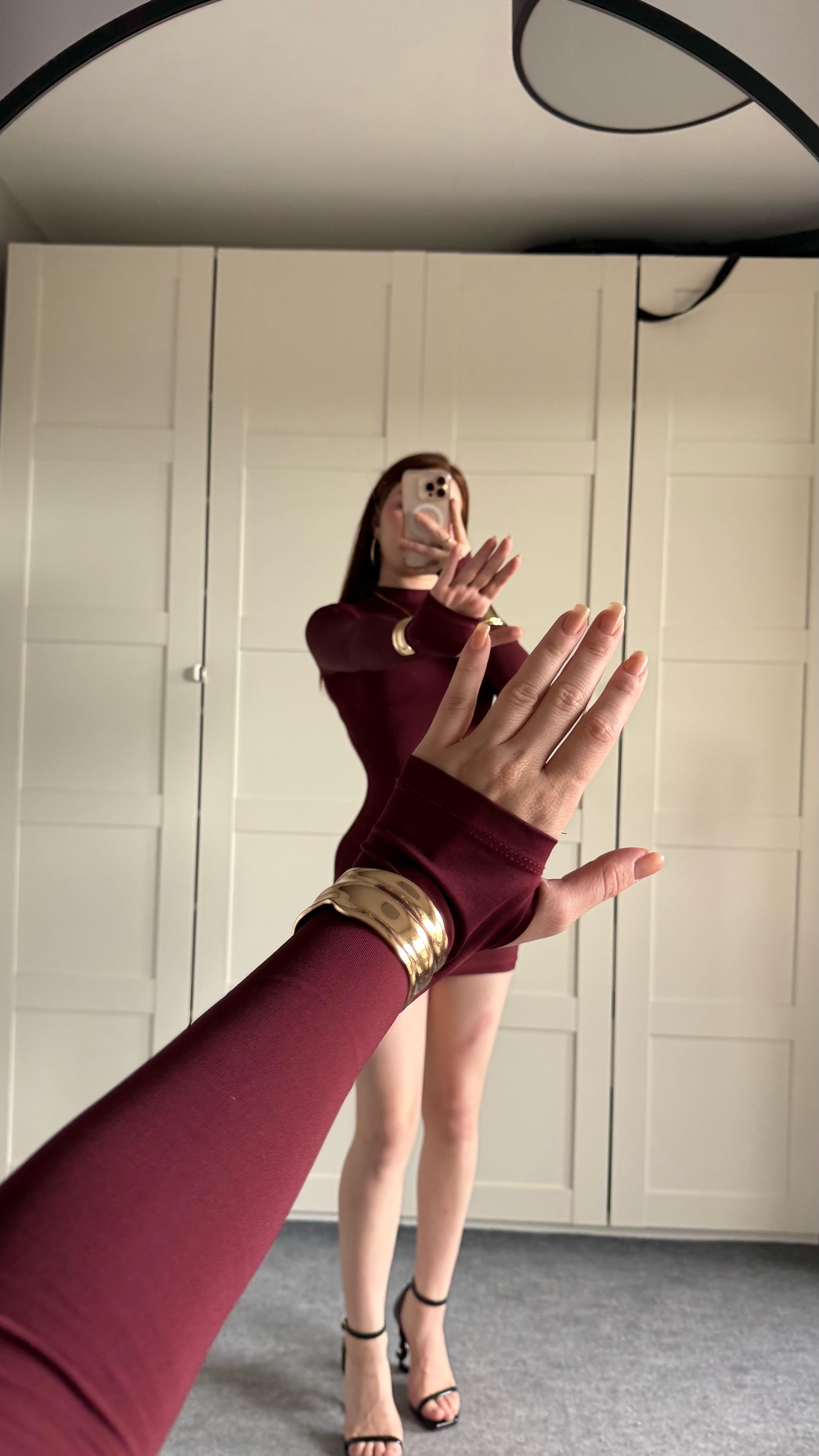 Basıc Parmak geçirmeli Mini Elbise Bordo