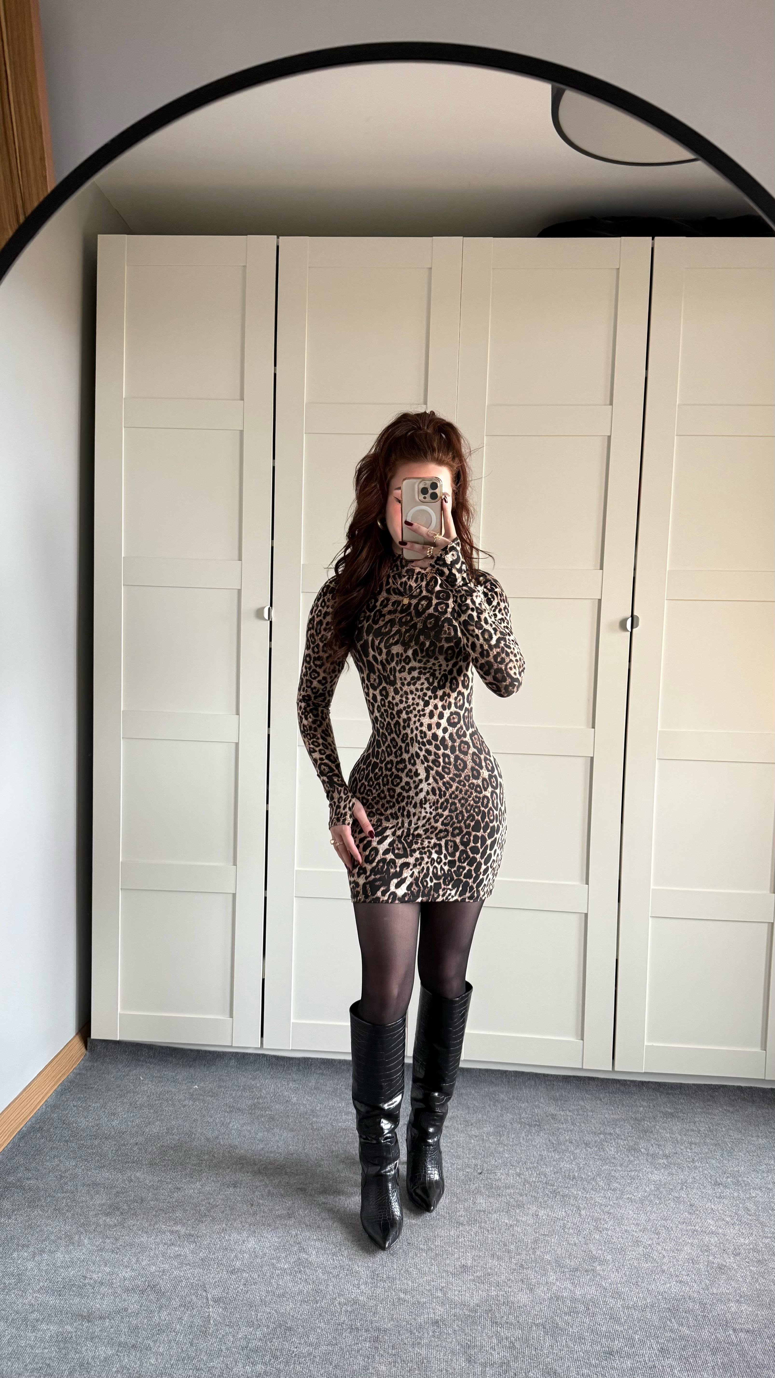 Basıc Parmak geçirmeli Mini Elbise Leopar