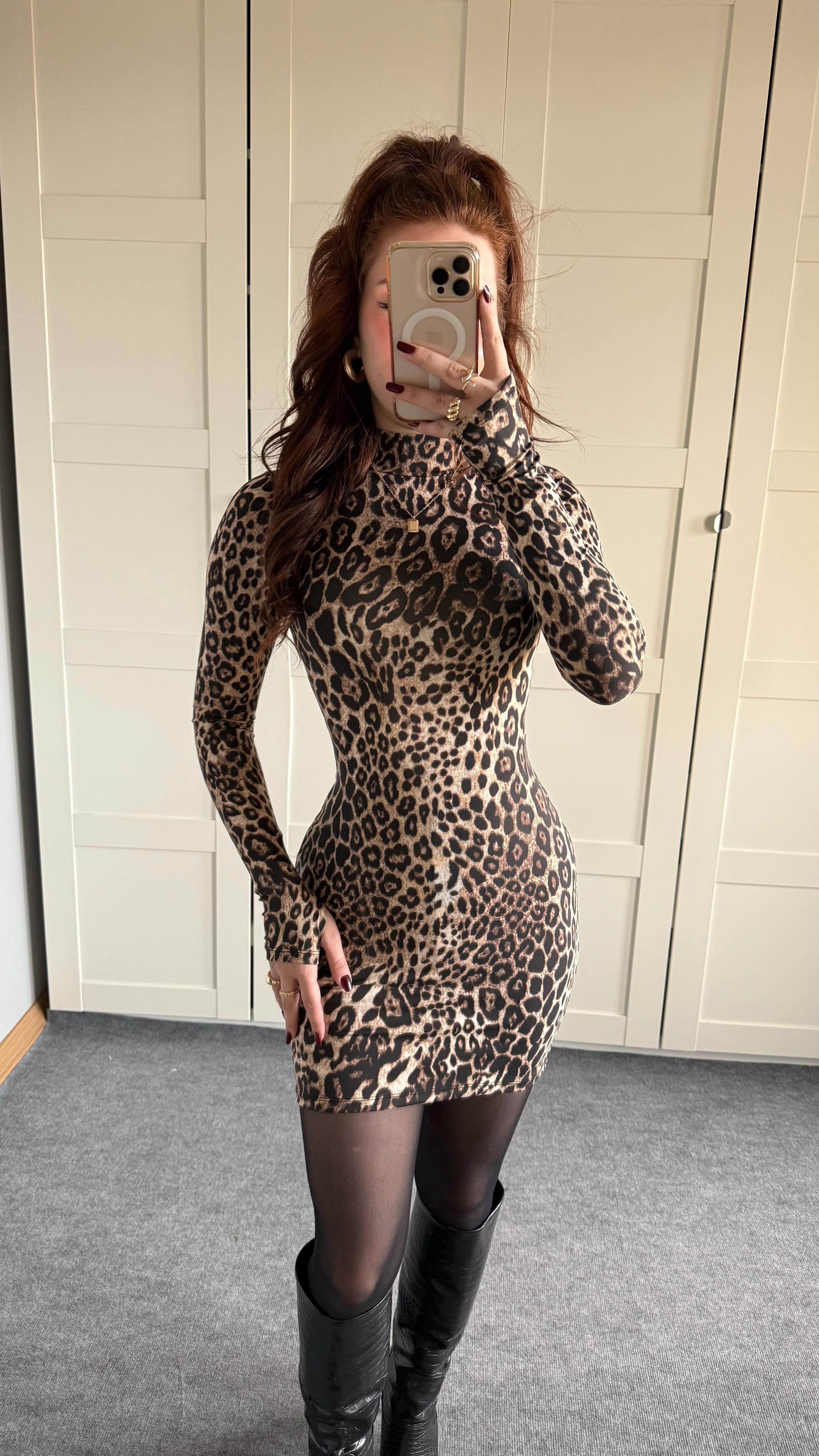 Basıc Parmak geçirmeli Mini Elbise Leopar
