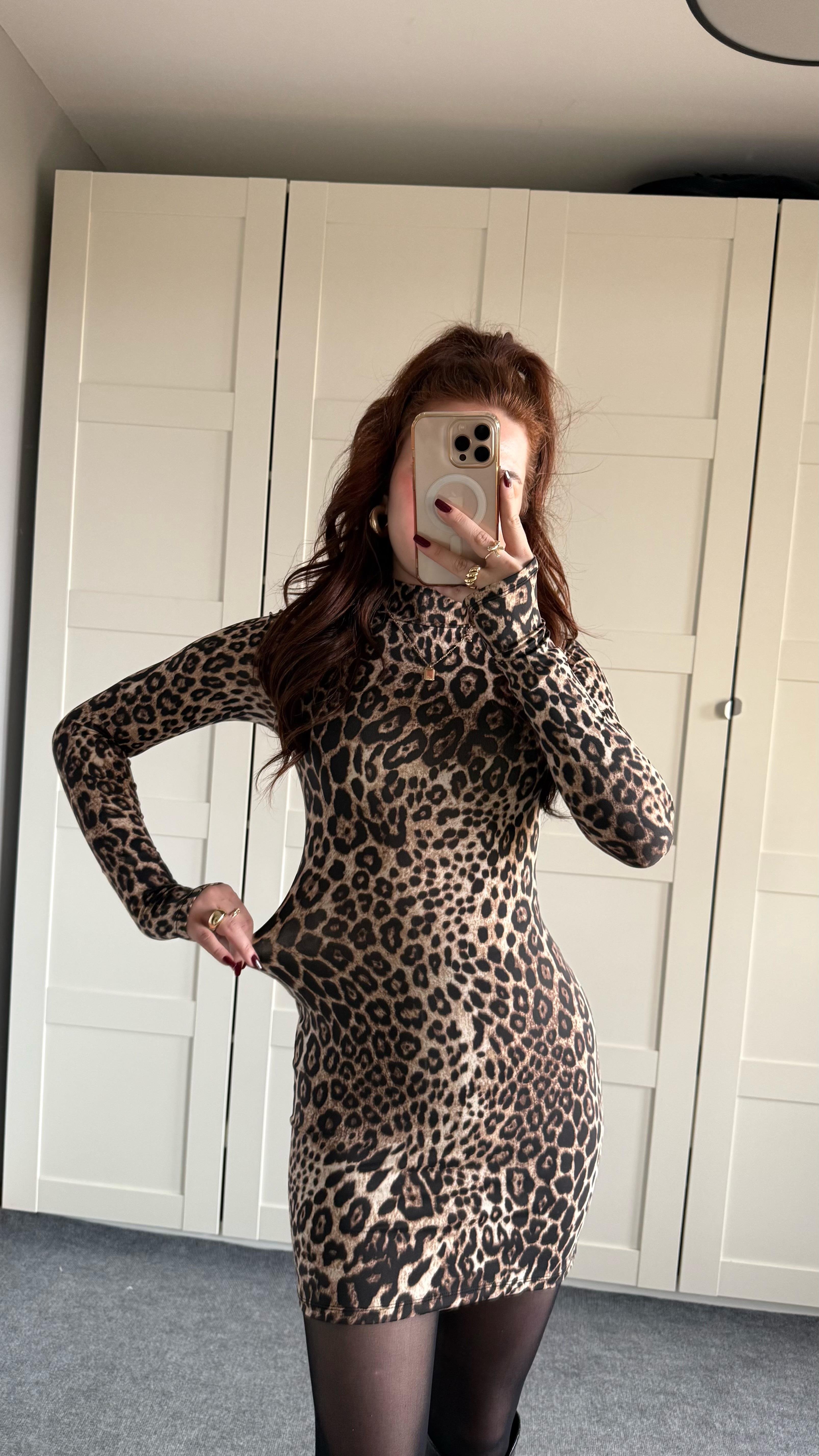 Basıc Parmak geçirmeli Mini Elbise Leopar