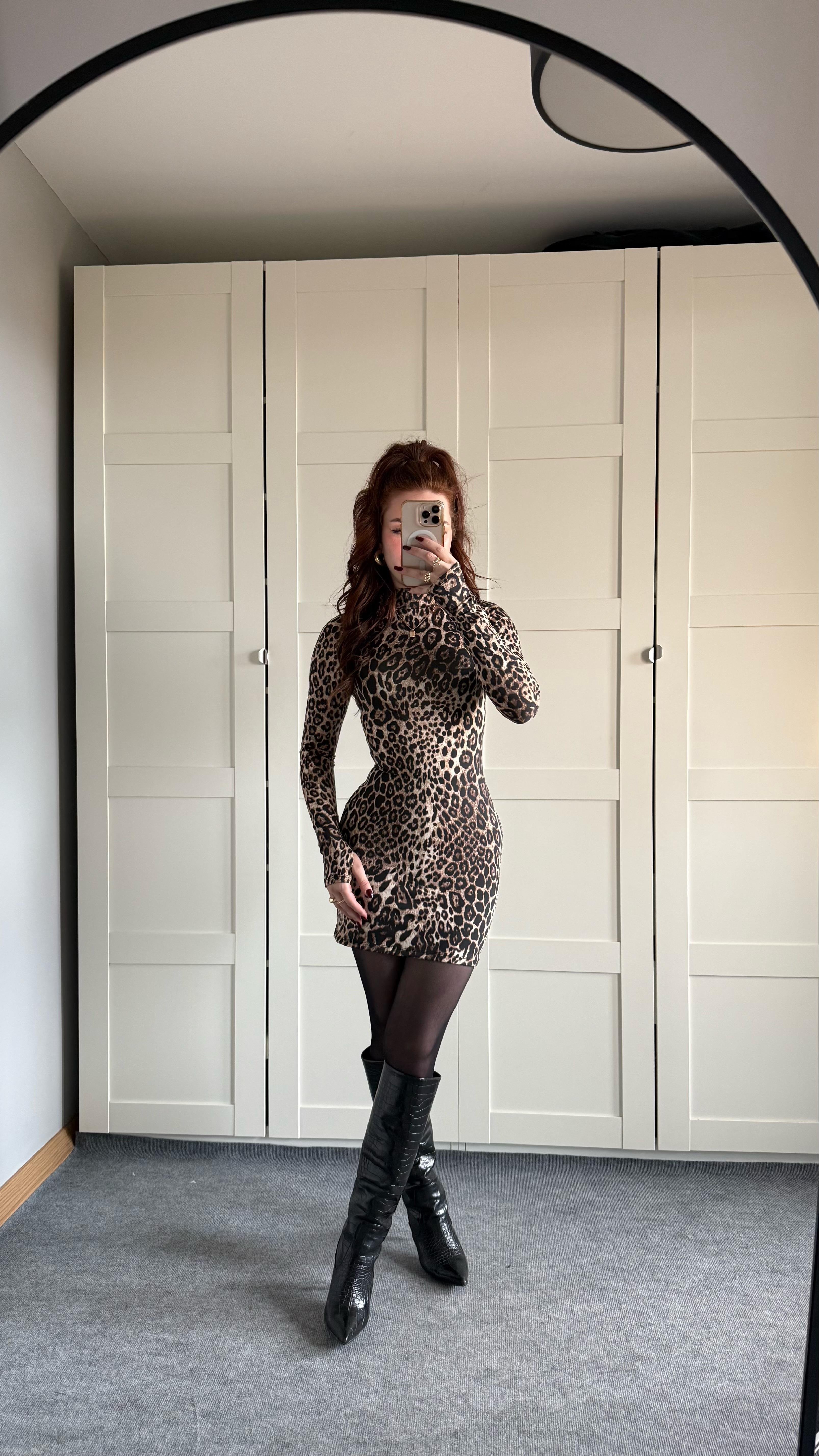 Basıc Parmak geçirmeli Mini Elbise Leopar
