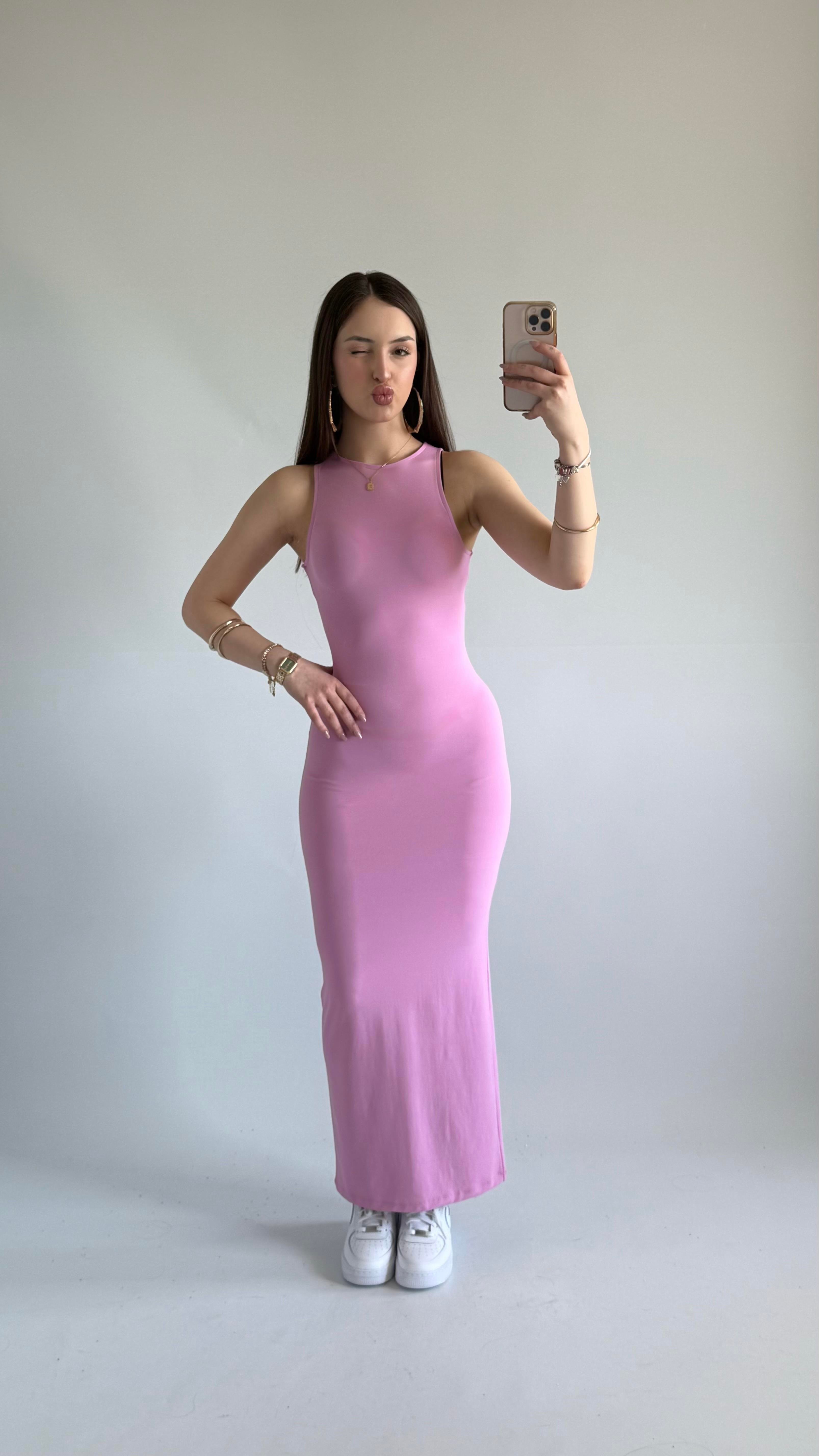 Basıc Sıfır Kol Maxi Elbise Pembe