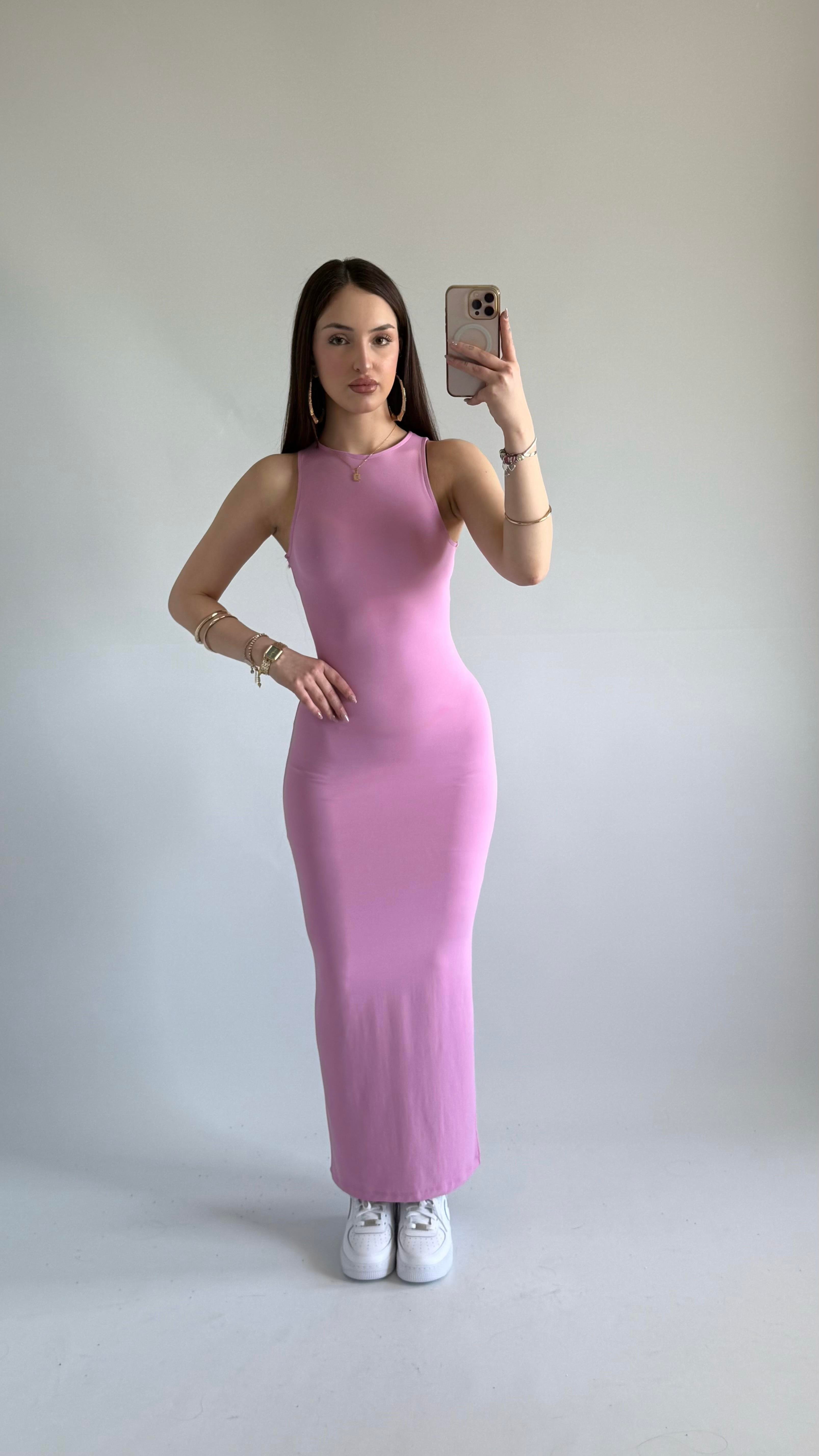 Basıc Sıfır Kol Maxi Elbise Pembe