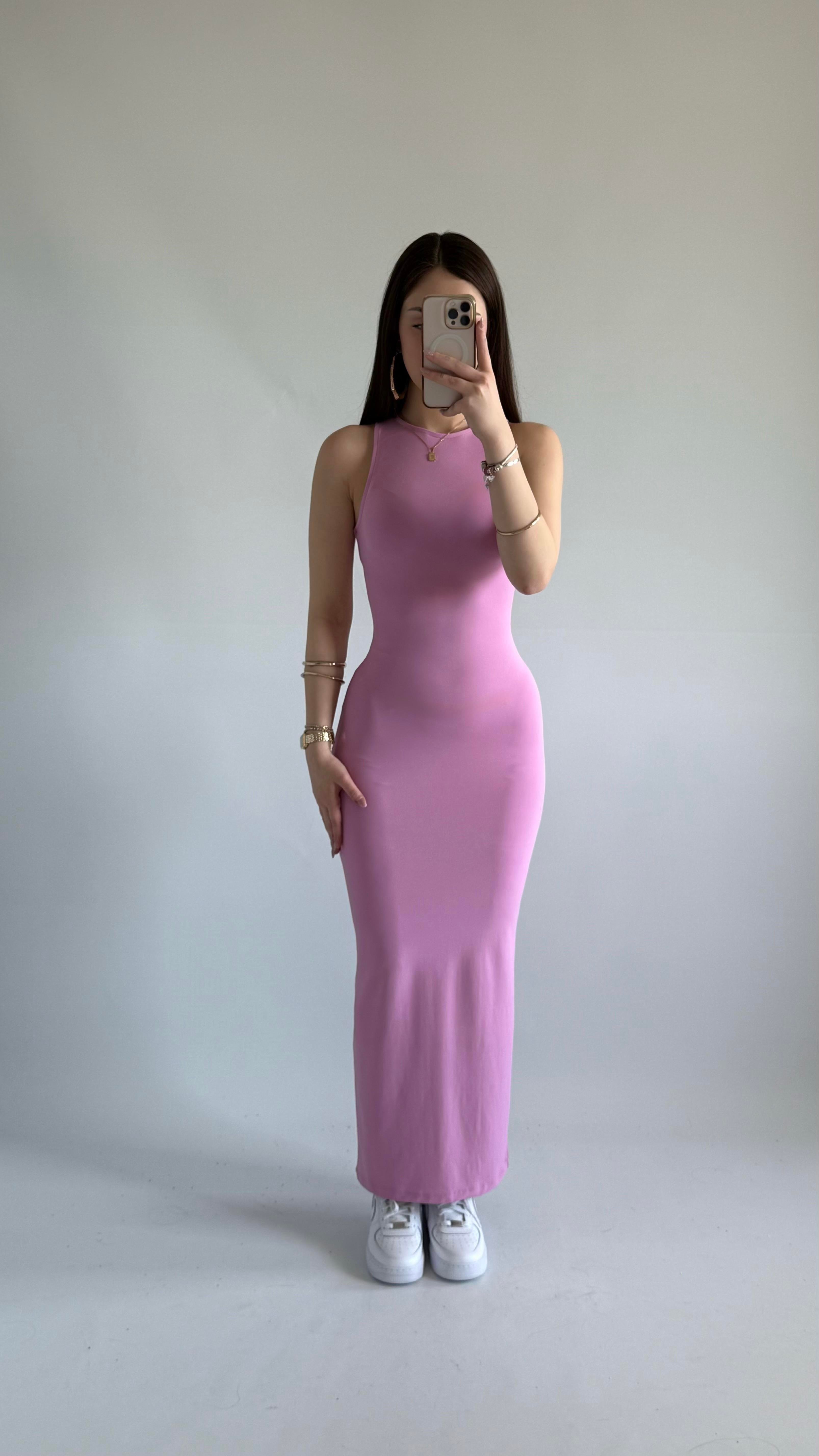 Basıc Sıfır Kol Maxi Elbise Pembe