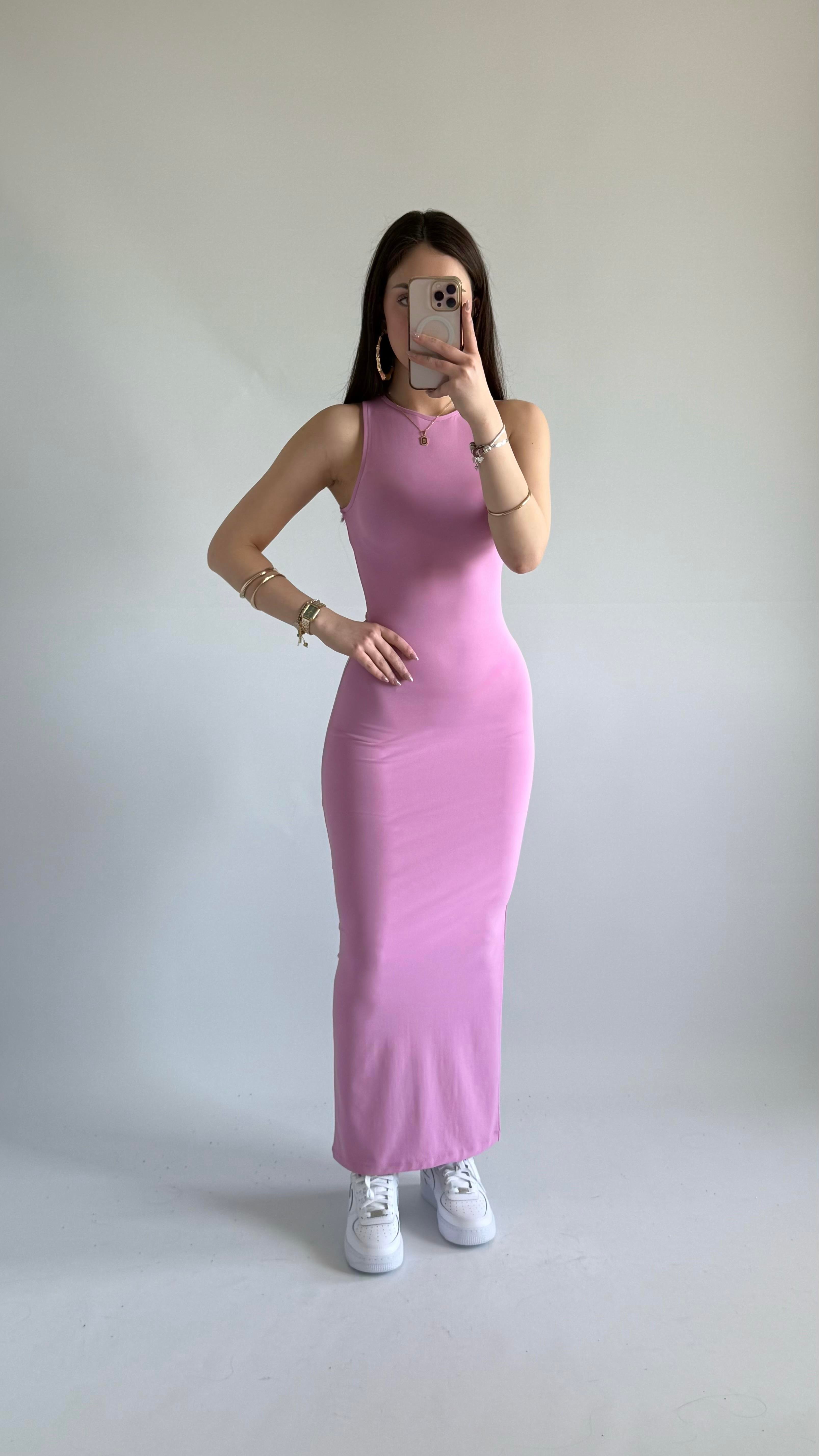 Basıc Sıfır Kol Maxi Elbise Pembe