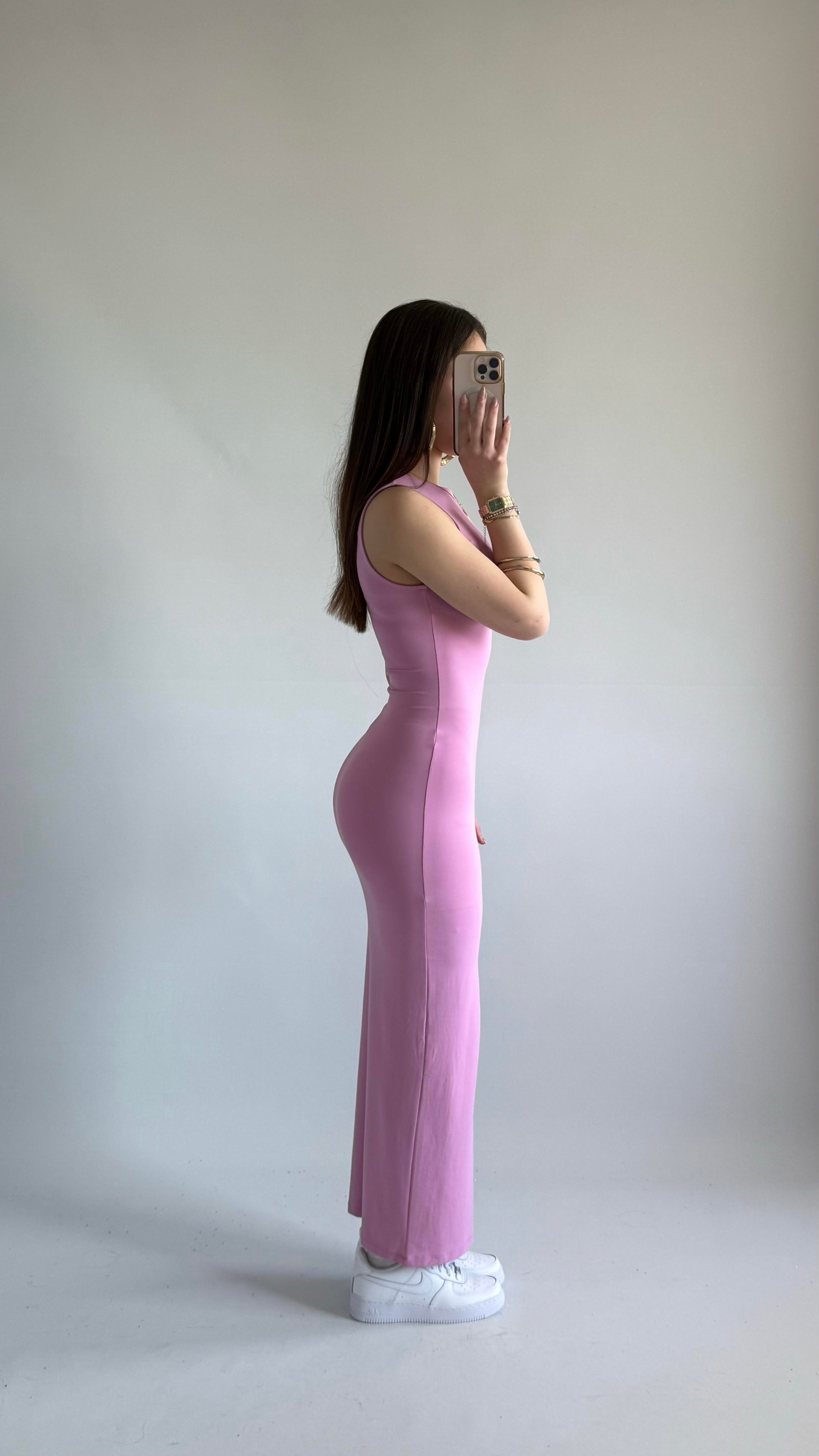 Basıc Sıfır Kol Maxi Elbise Pembe