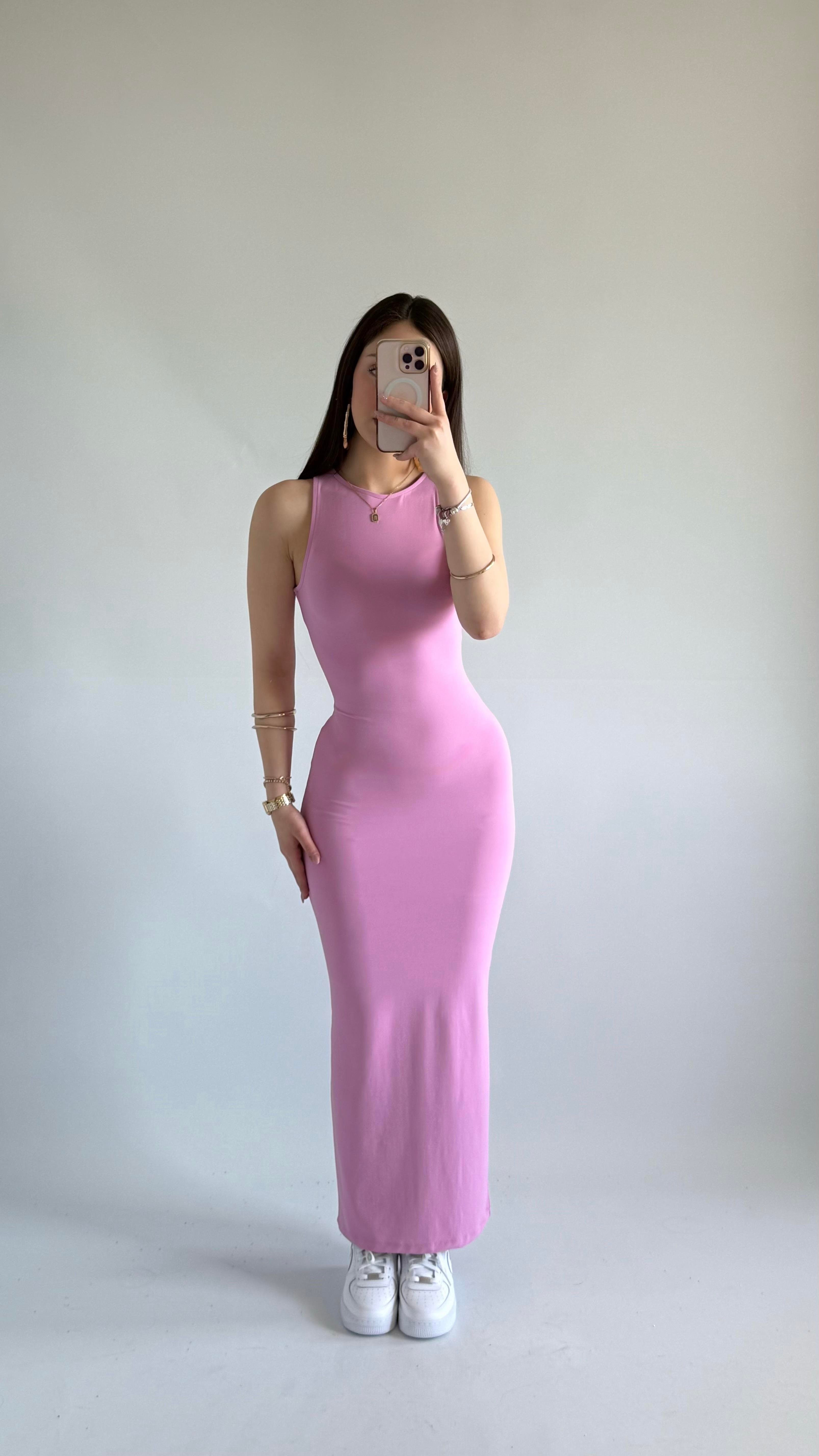 Basıc Sıfır Kol Maxi Elbise Pembe
