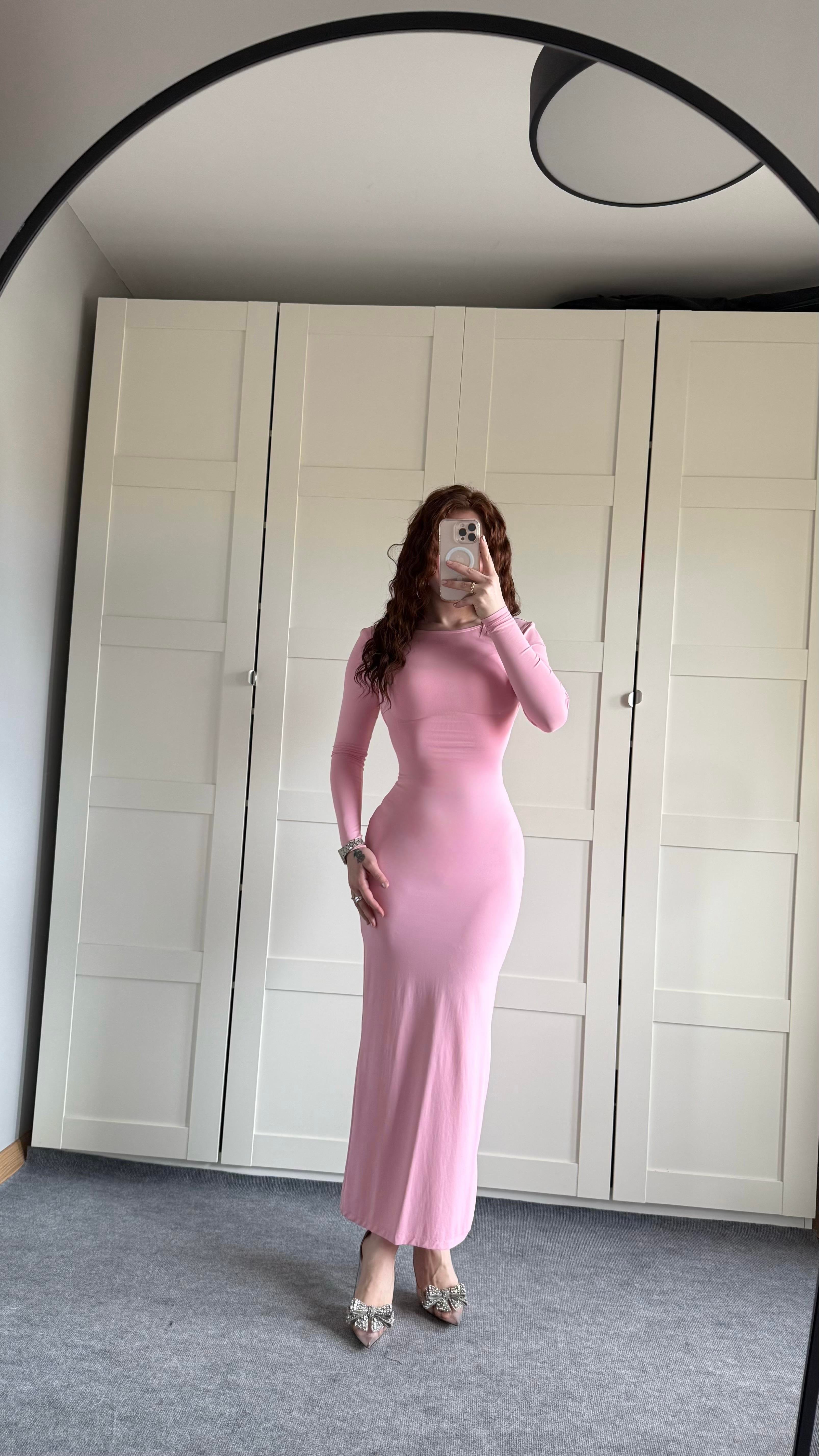 Basıc Sırt Detay Uzun Kol Elbise Pembe