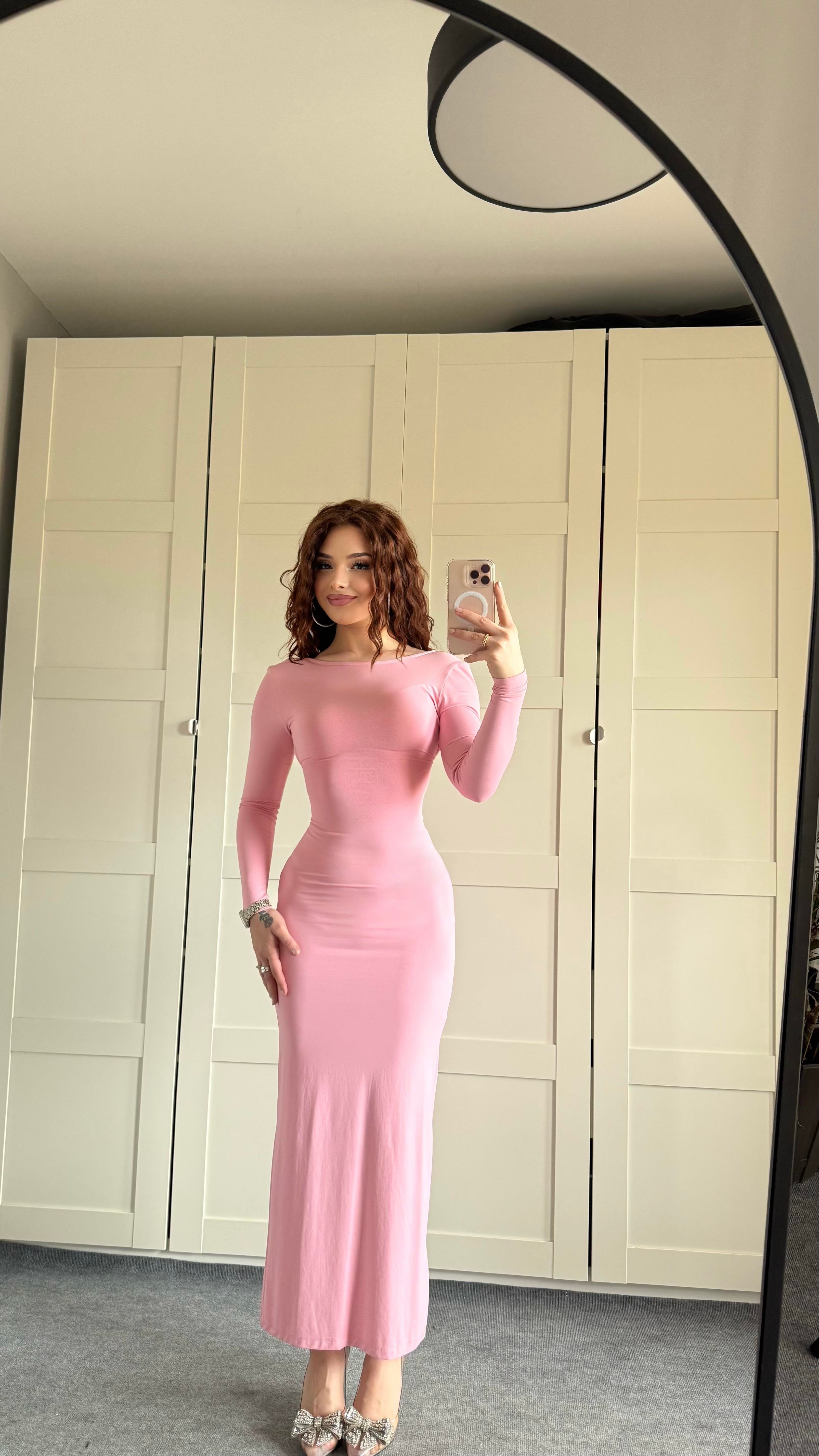 Basıc Sırt Detay Uzun Kol Elbise Pembe