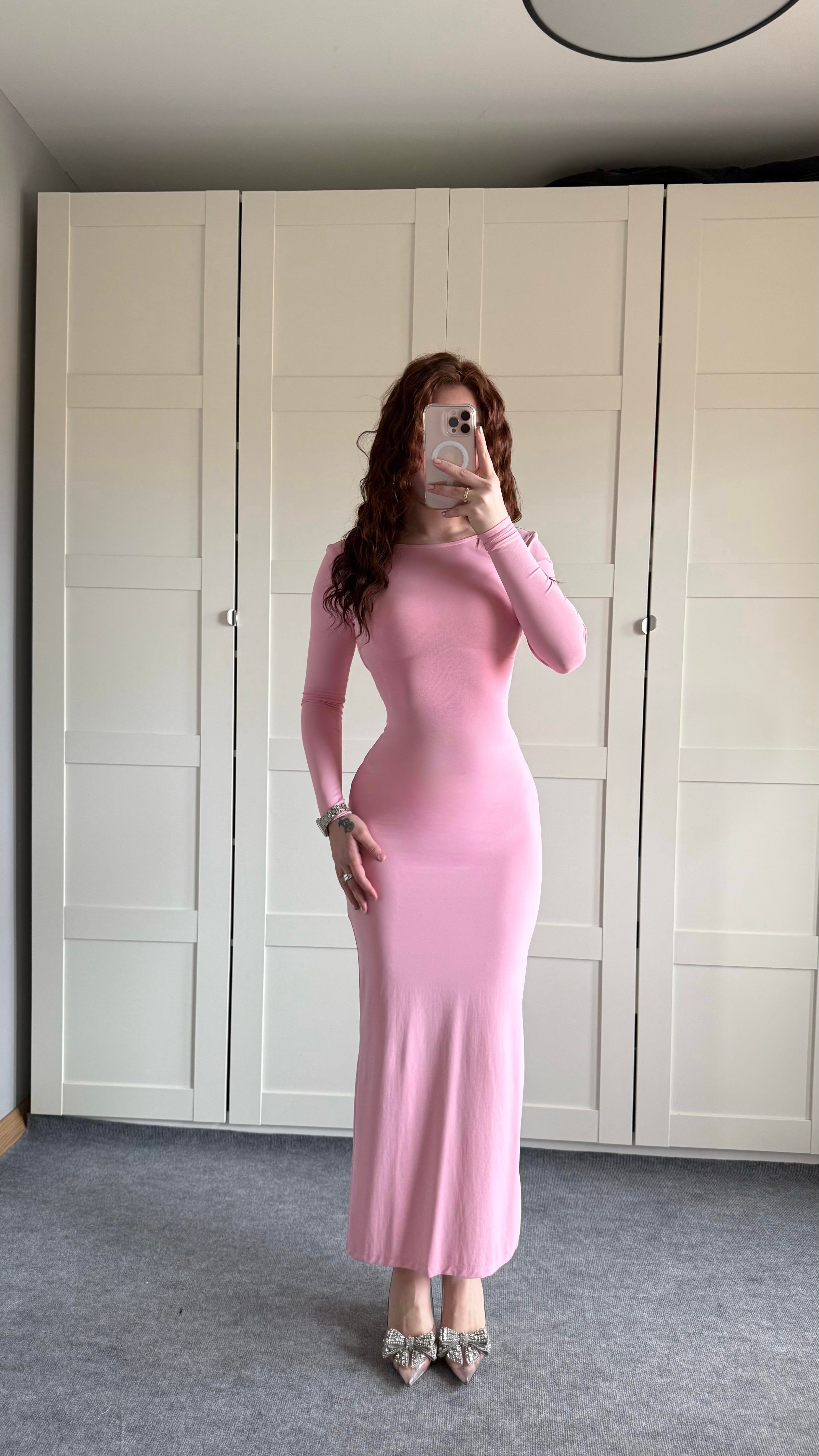Basıc Sırt Detay Uzun Kol Elbise Pembe