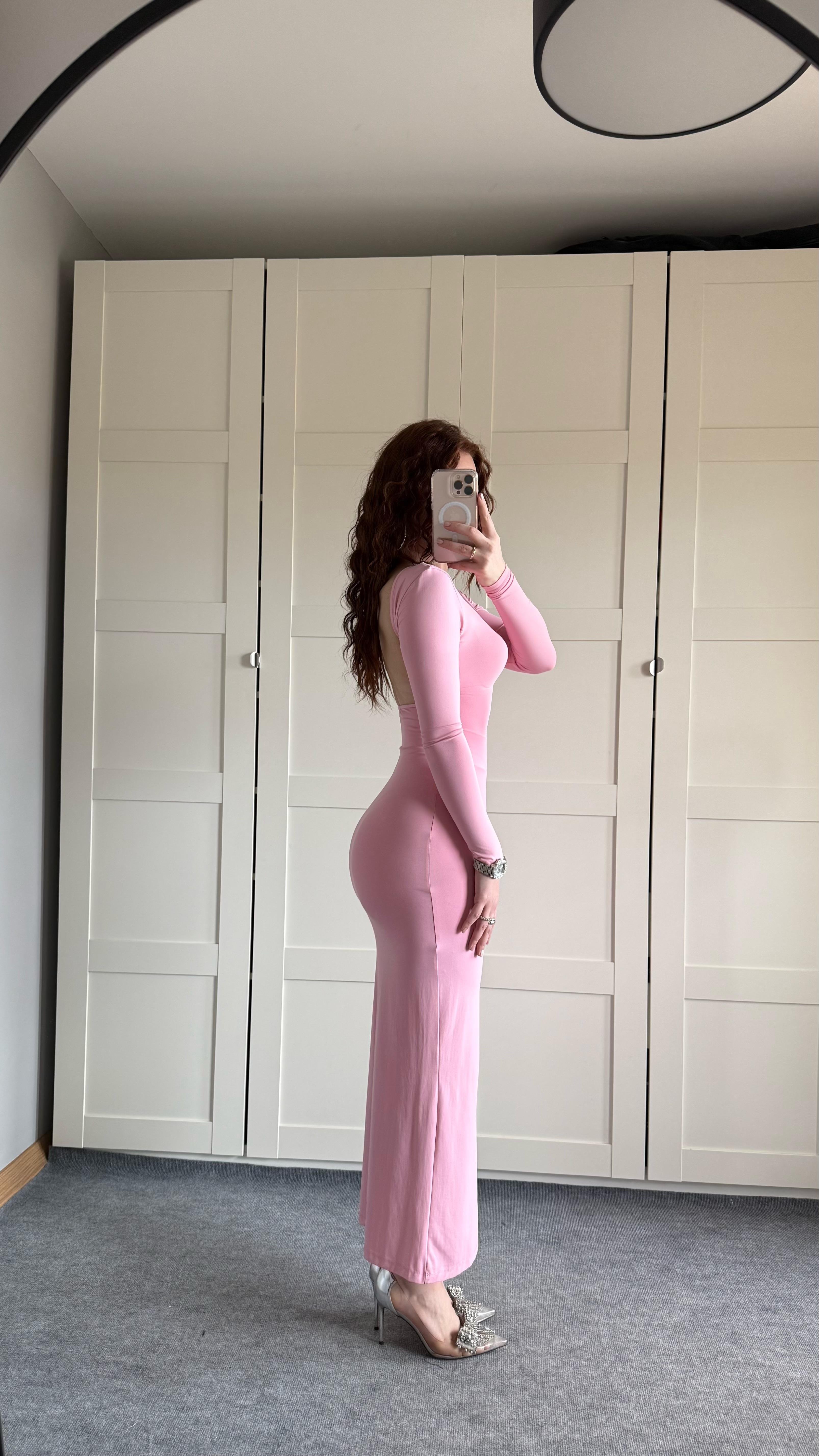 Basıc Sırt Detay Uzun Kol Elbise Pembe