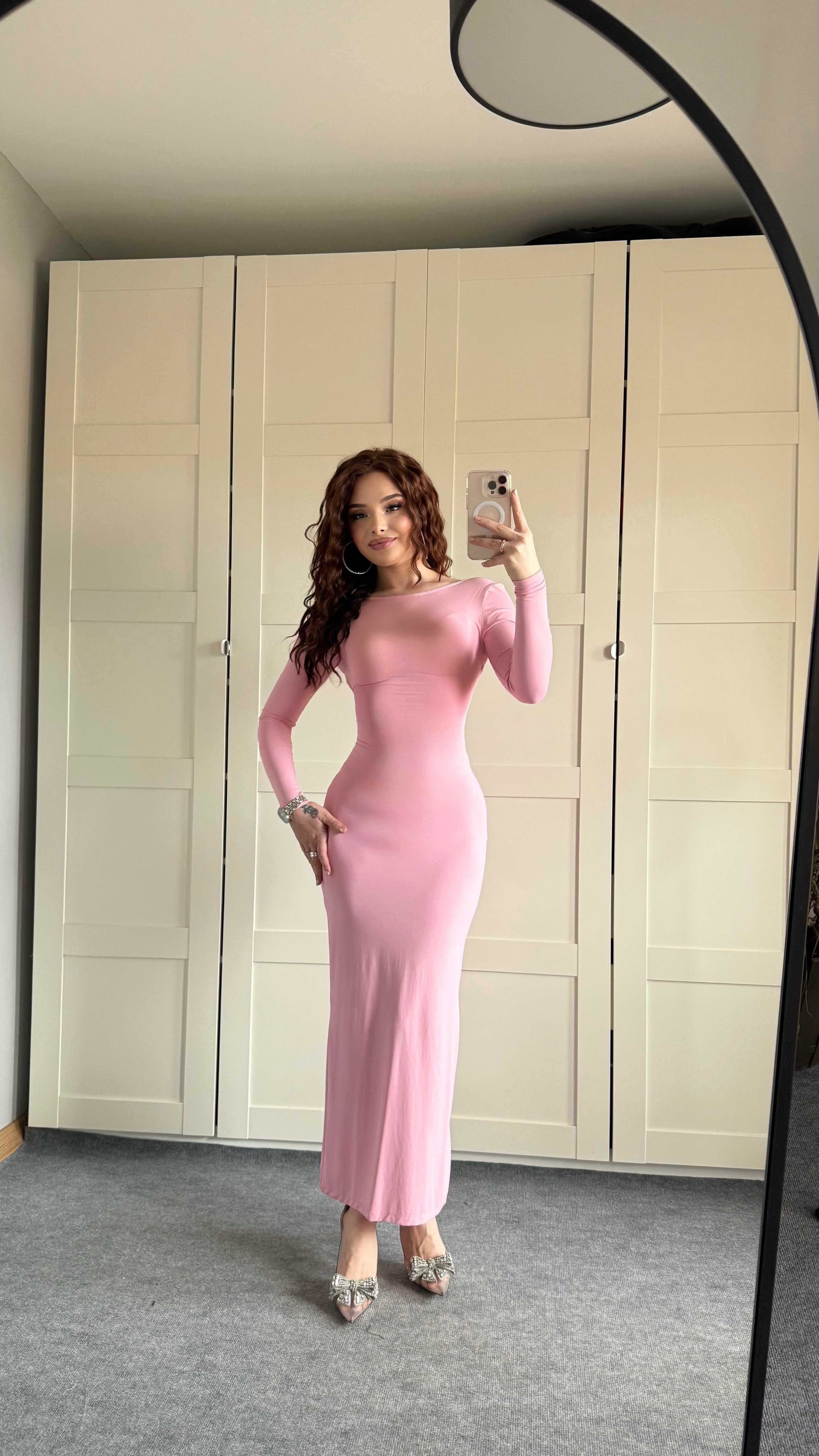 Basıc Sırt Detay Uzun Kol Elbise Pembe