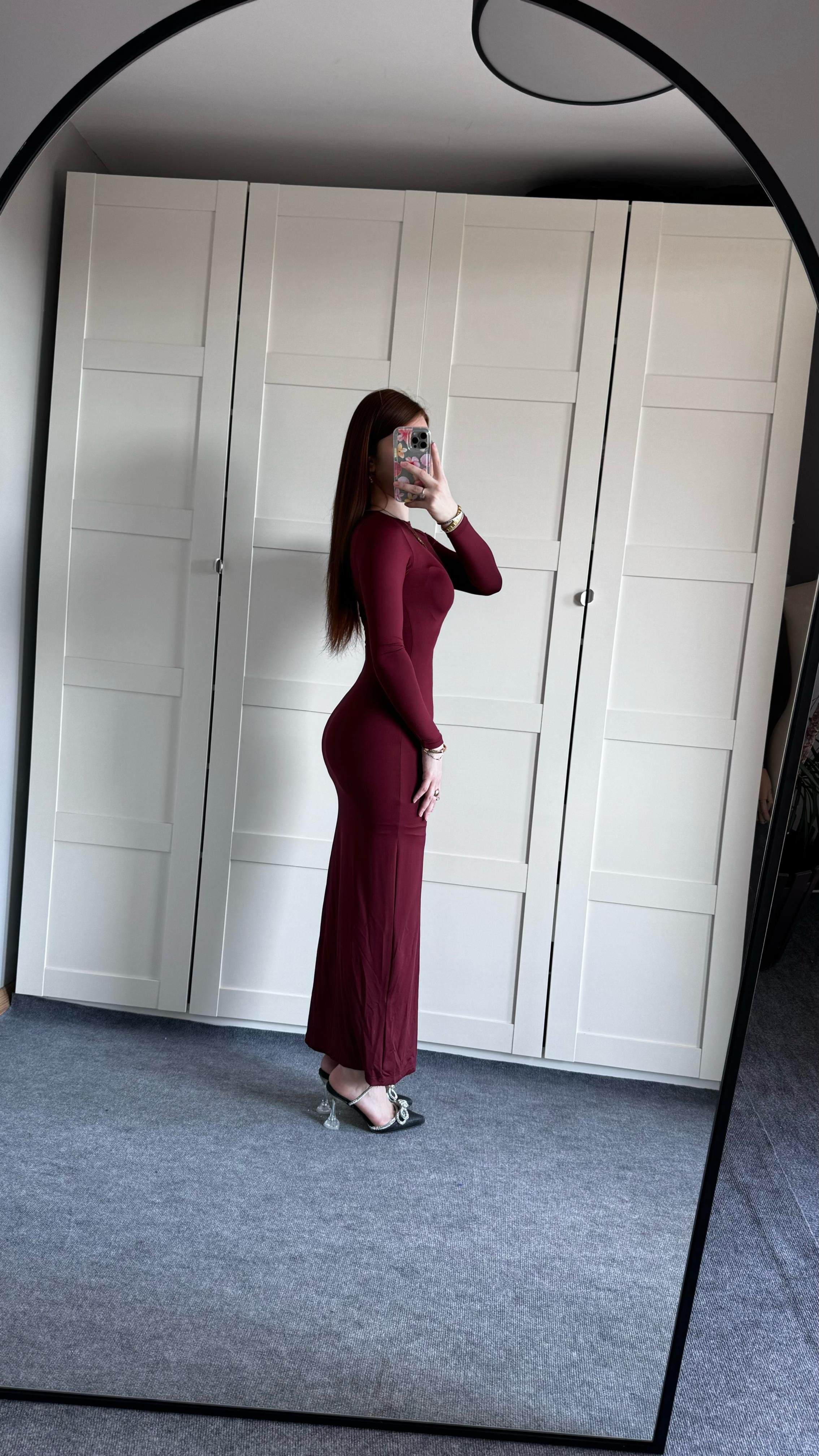 Basıc Uzun Kol Bordo Elbise