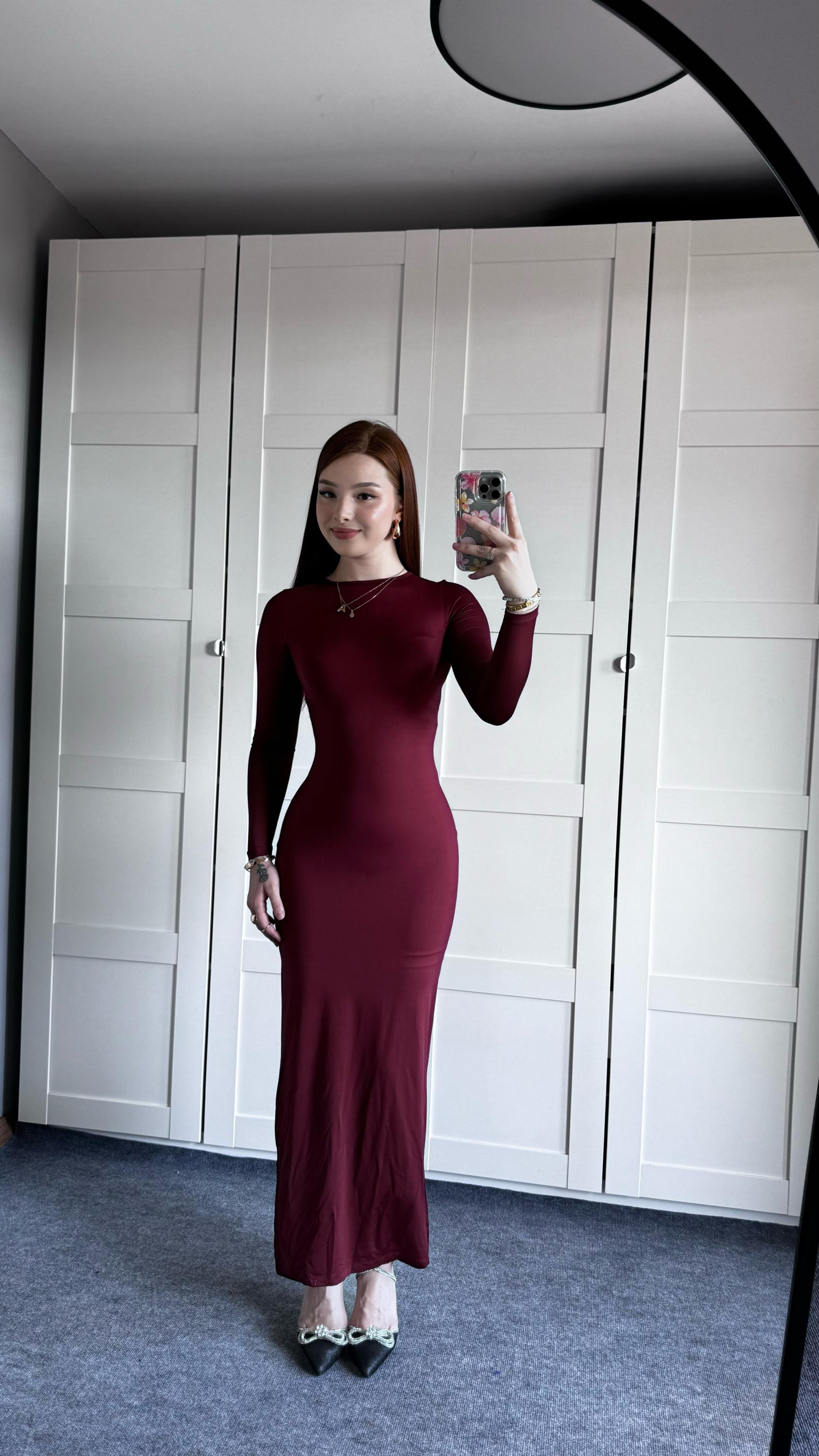 Basıc Uzun Kol Bordo Elbise