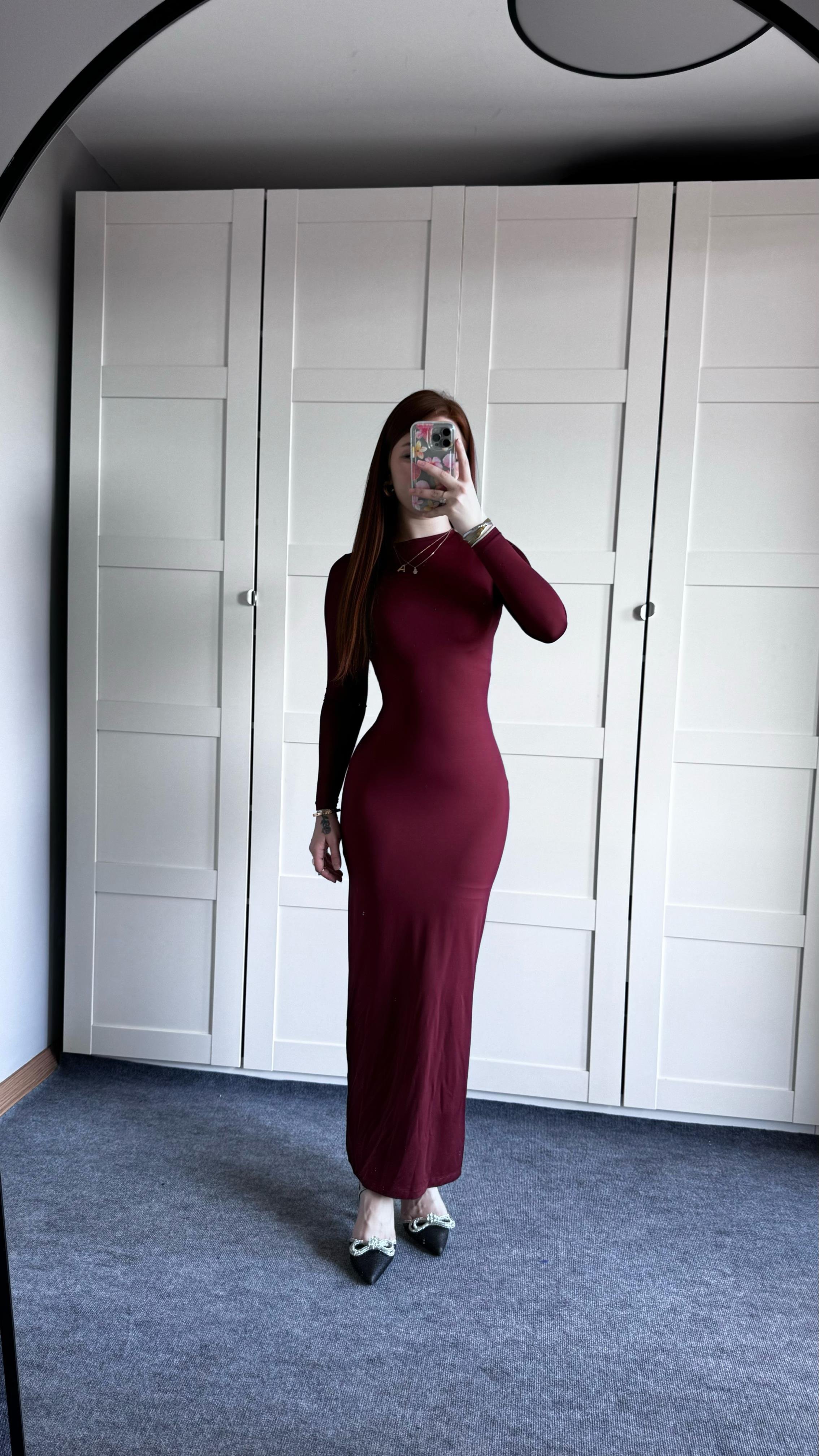 Basıc Uzun Kol Bordo Elbise