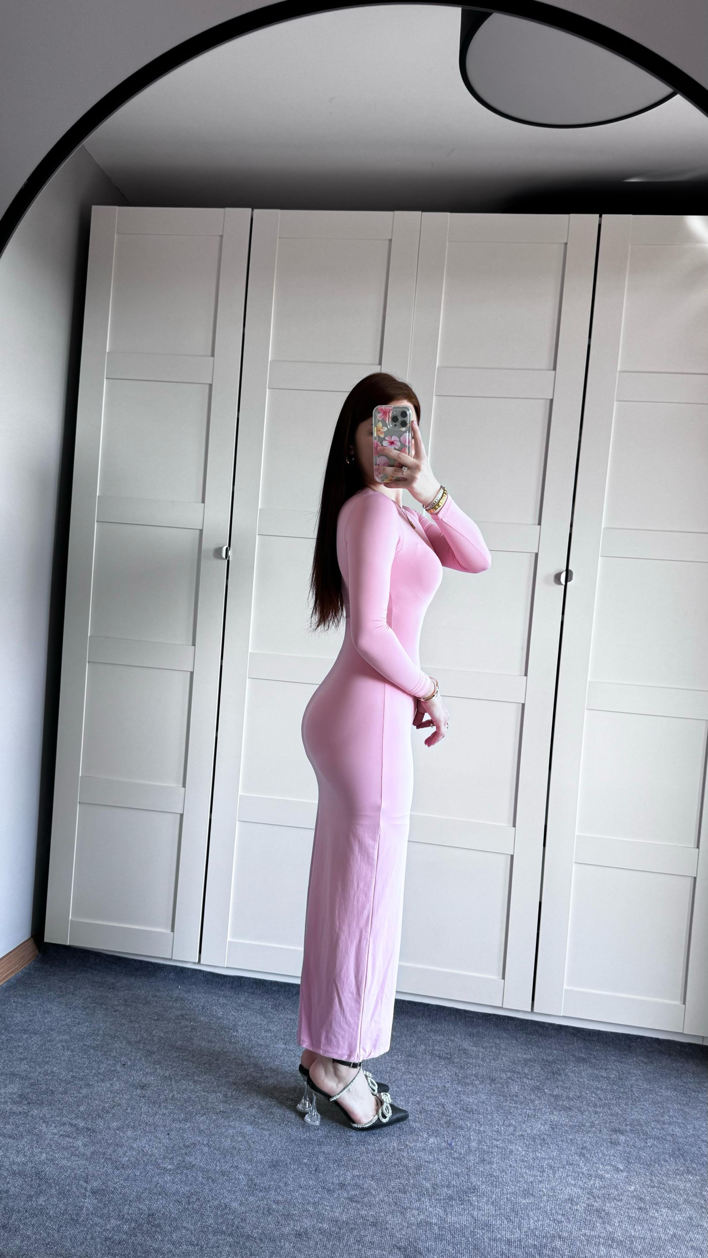 Basıc Uzun Kol Pembe Elbise