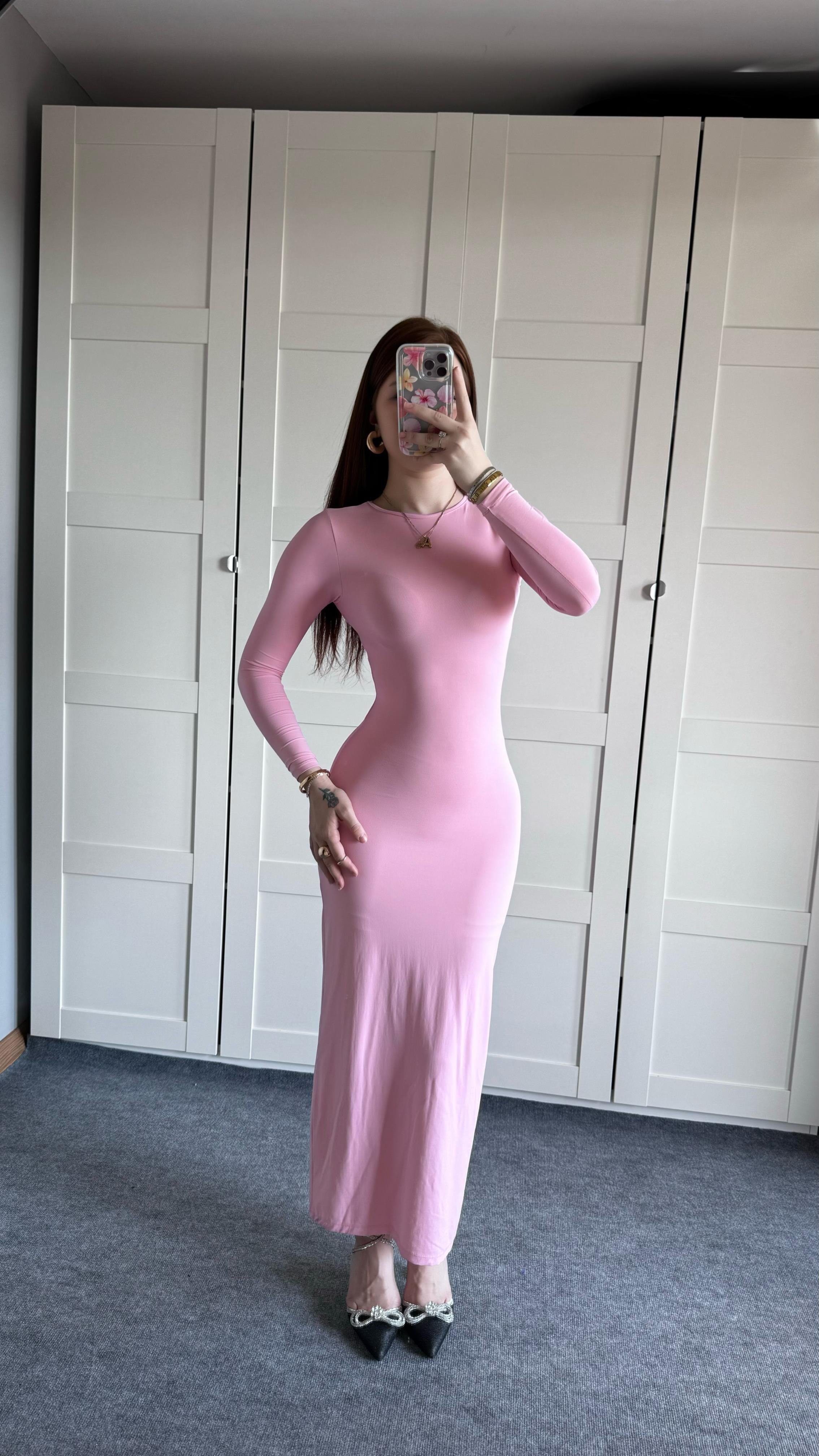 Basıc Uzun Kol Pembe Elbise