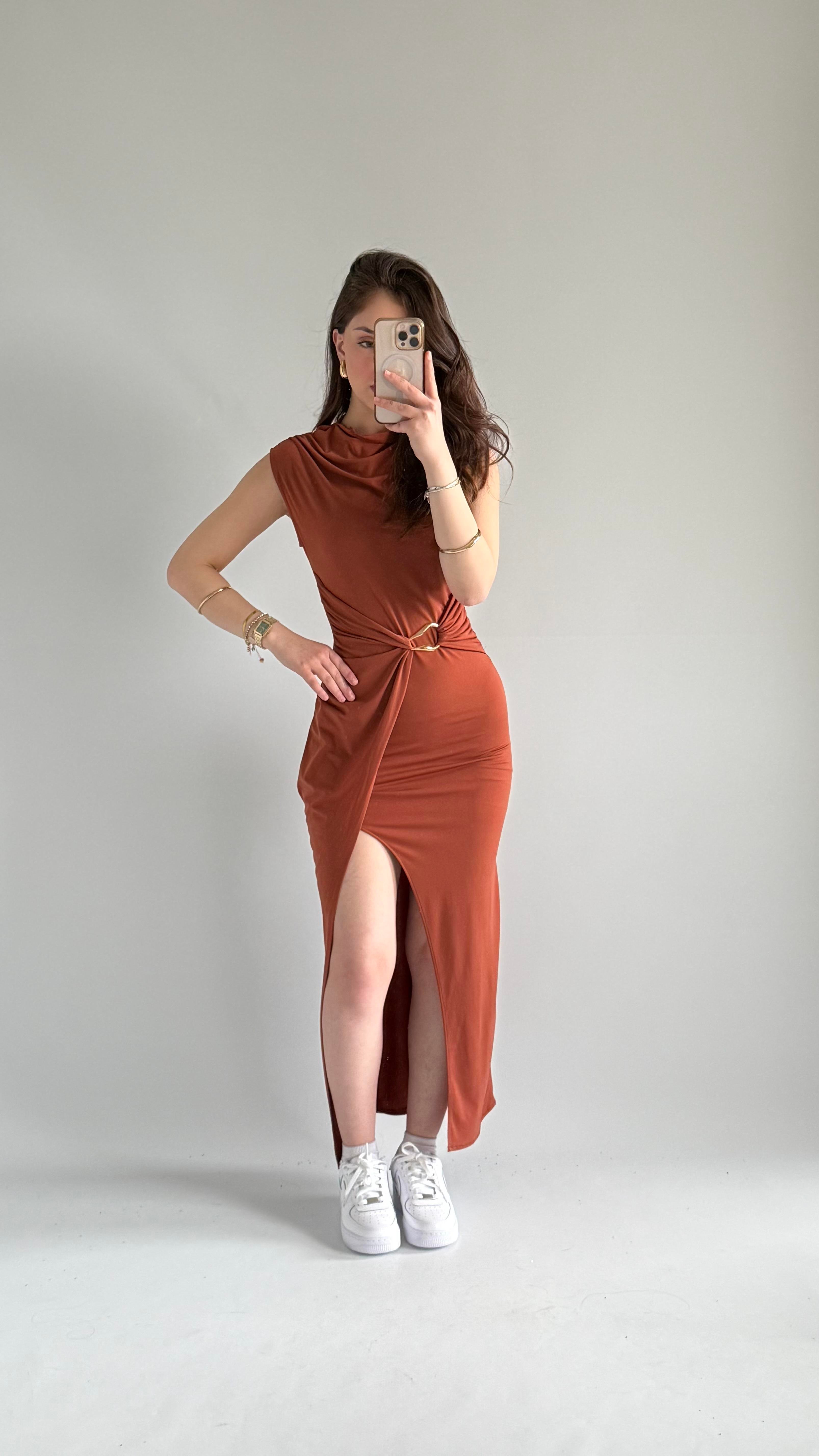 Beast Yırtmaçlı Elbise Taba 