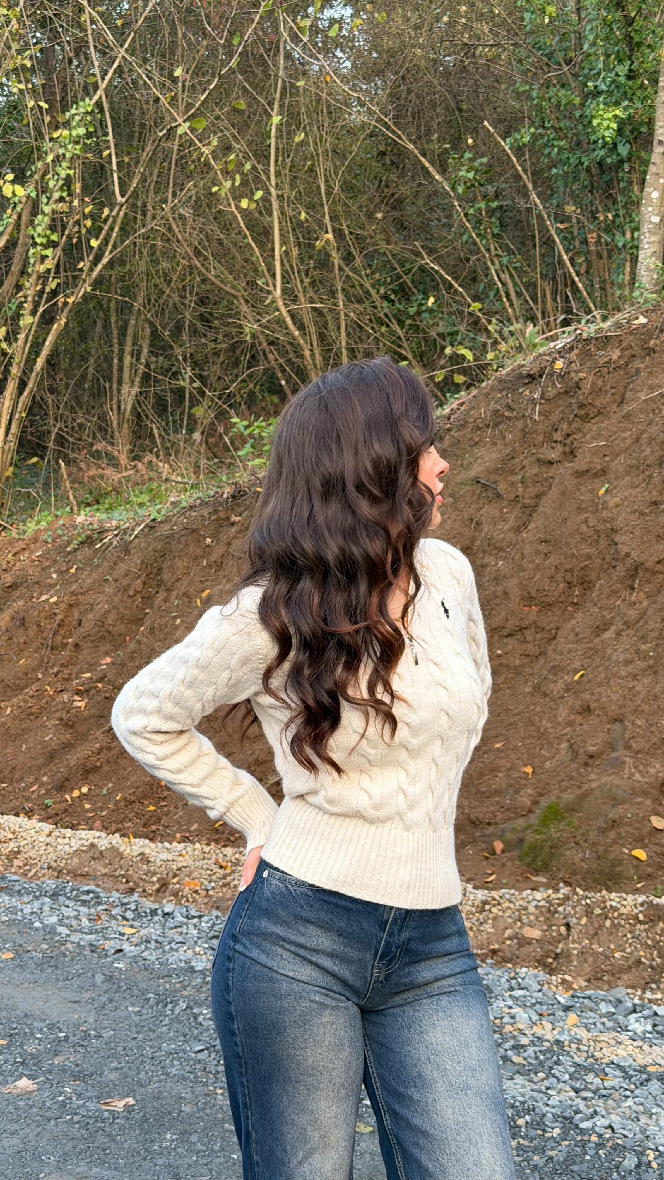 Belden Oturmalı Fermuarlı Polo Kazak Ekru