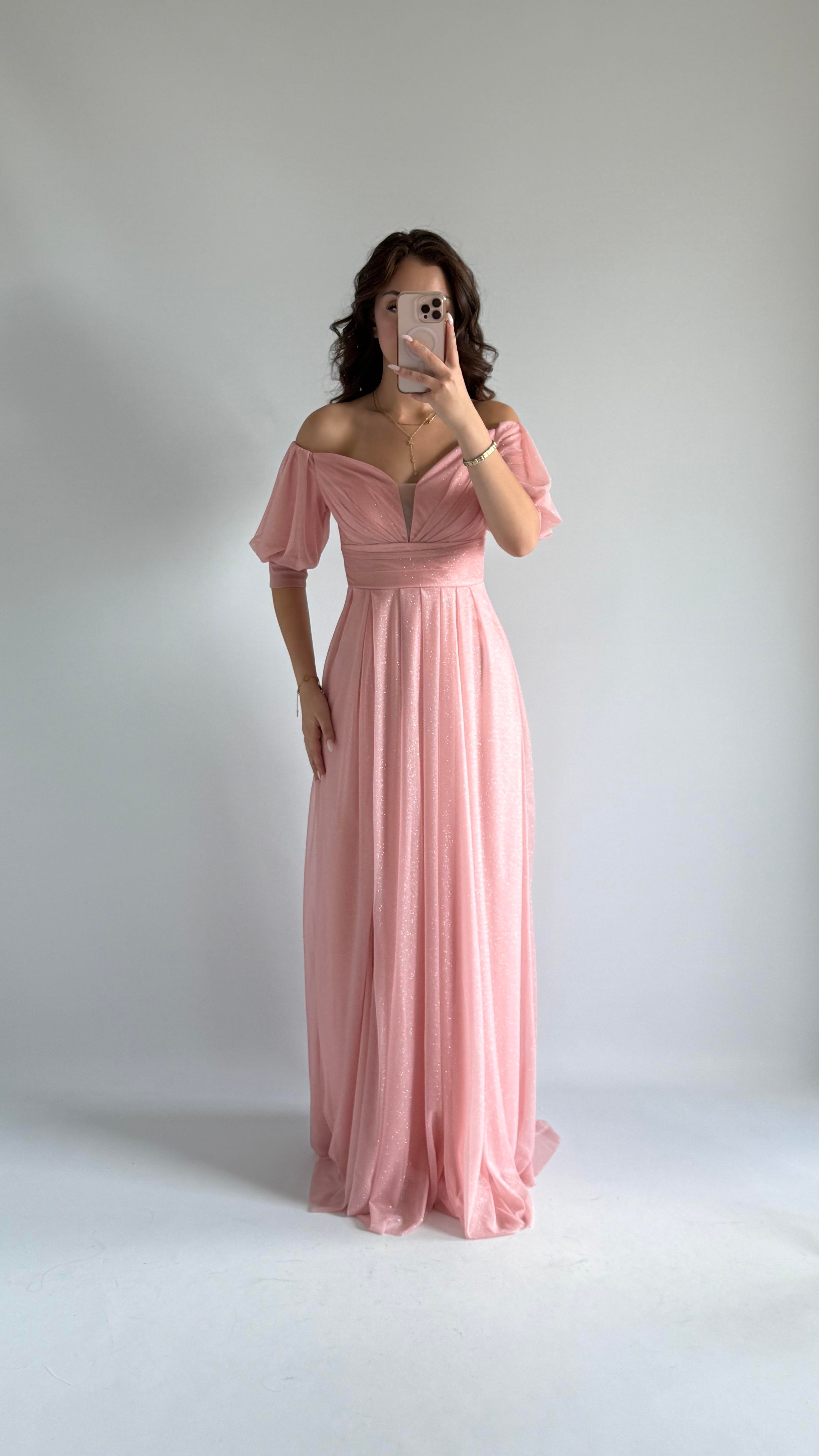 Beli Göğsü Pileli Uzun Simli Abiye Pudra Pembe