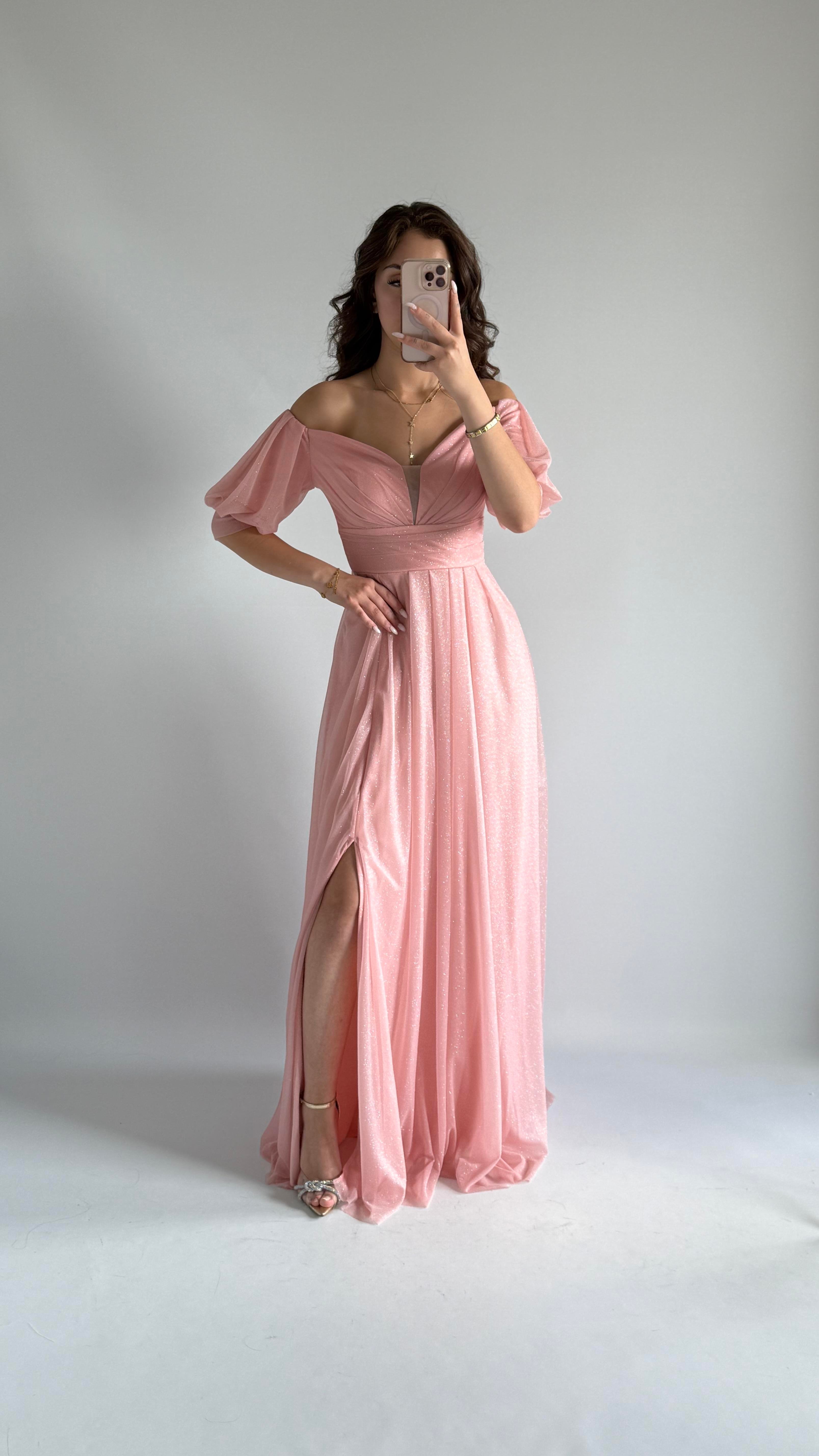 Beli Göğsü Pileli Uzun Simli Abiye Pudra Pembe