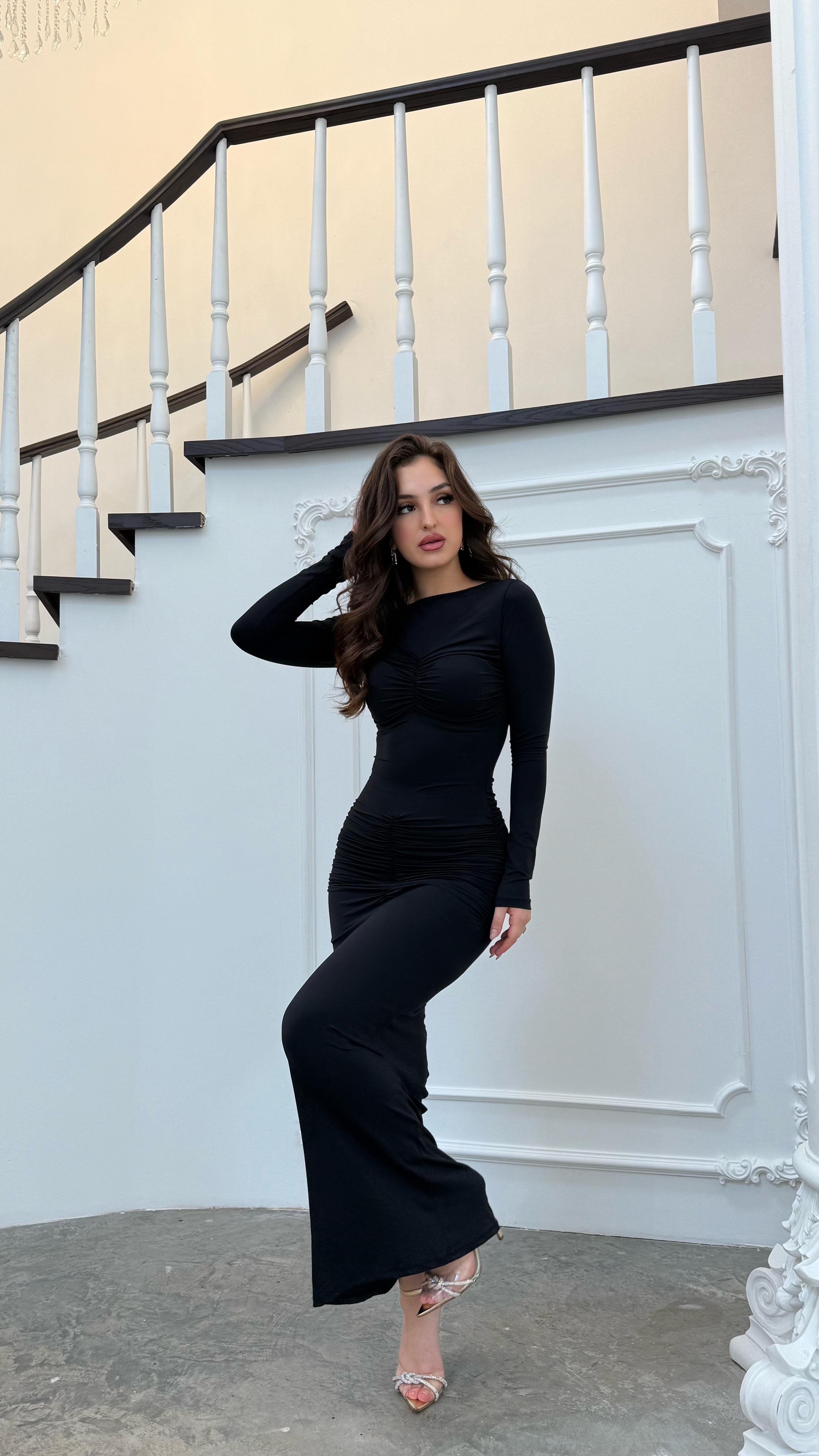 Beliz Drape Detay Uzun Elbise Siyah