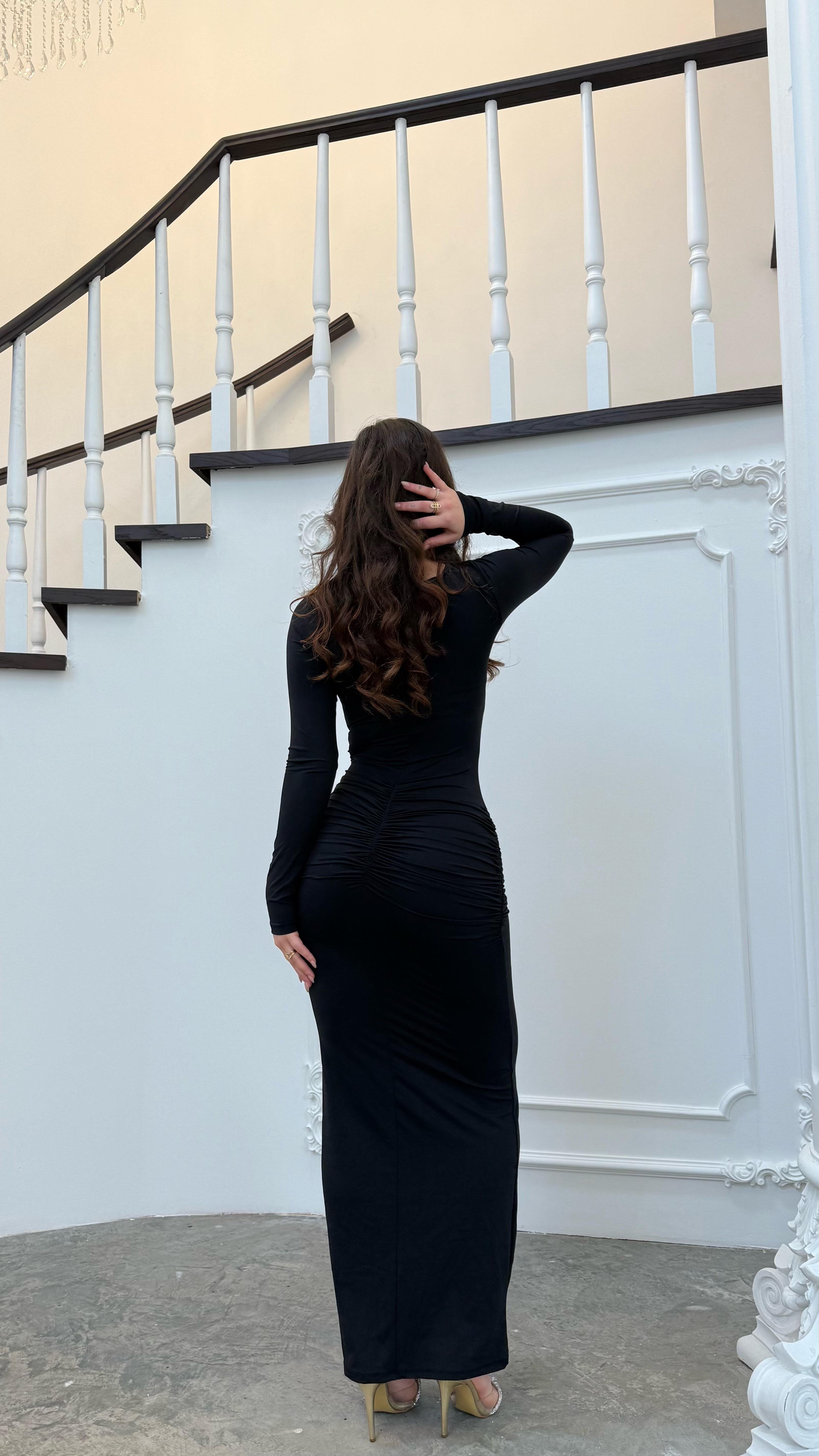 Beliz Drape Detay Uzun Elbise Siyah