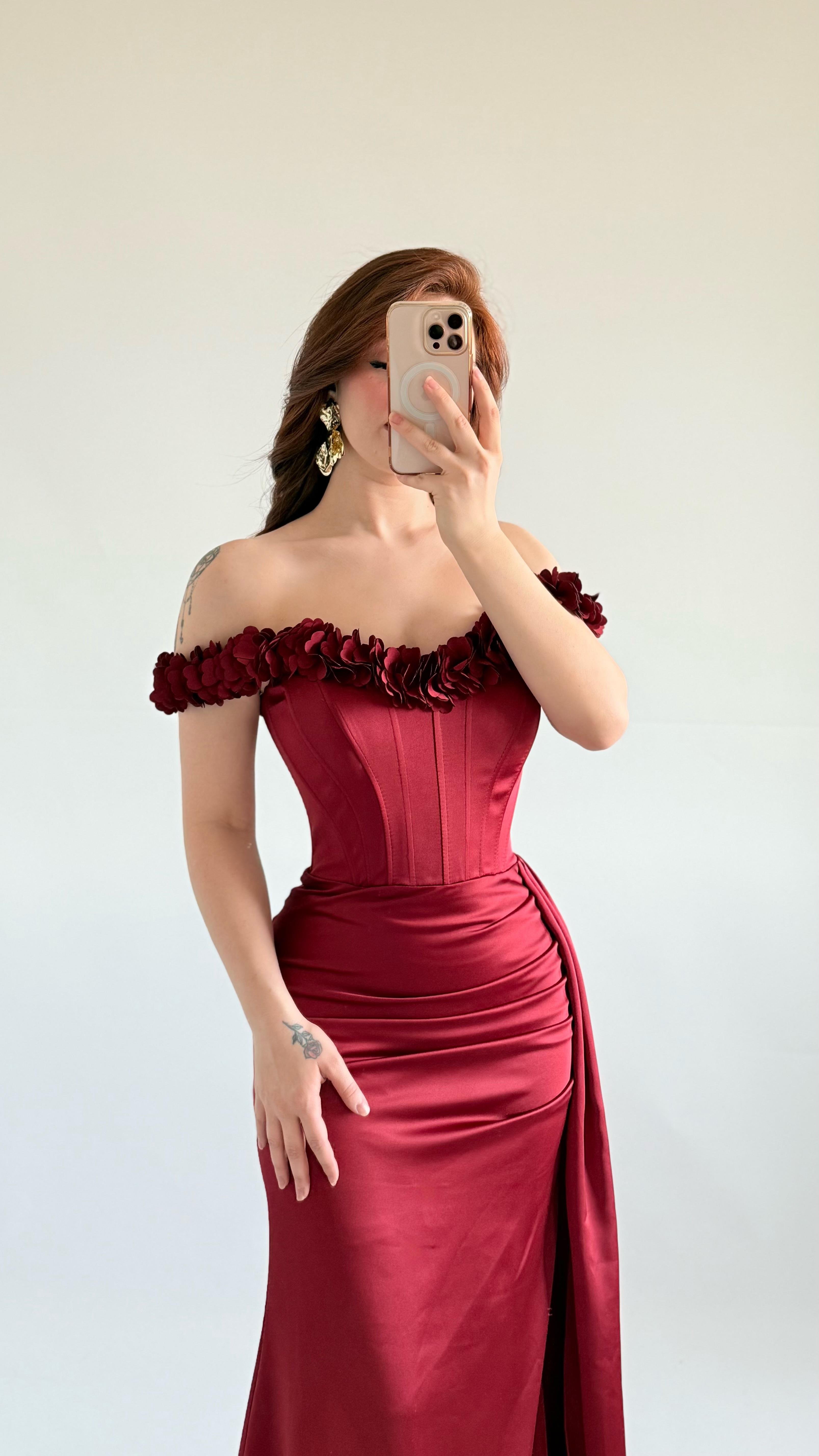 Bellamy Bordo Çiçekli Balık Abiye 