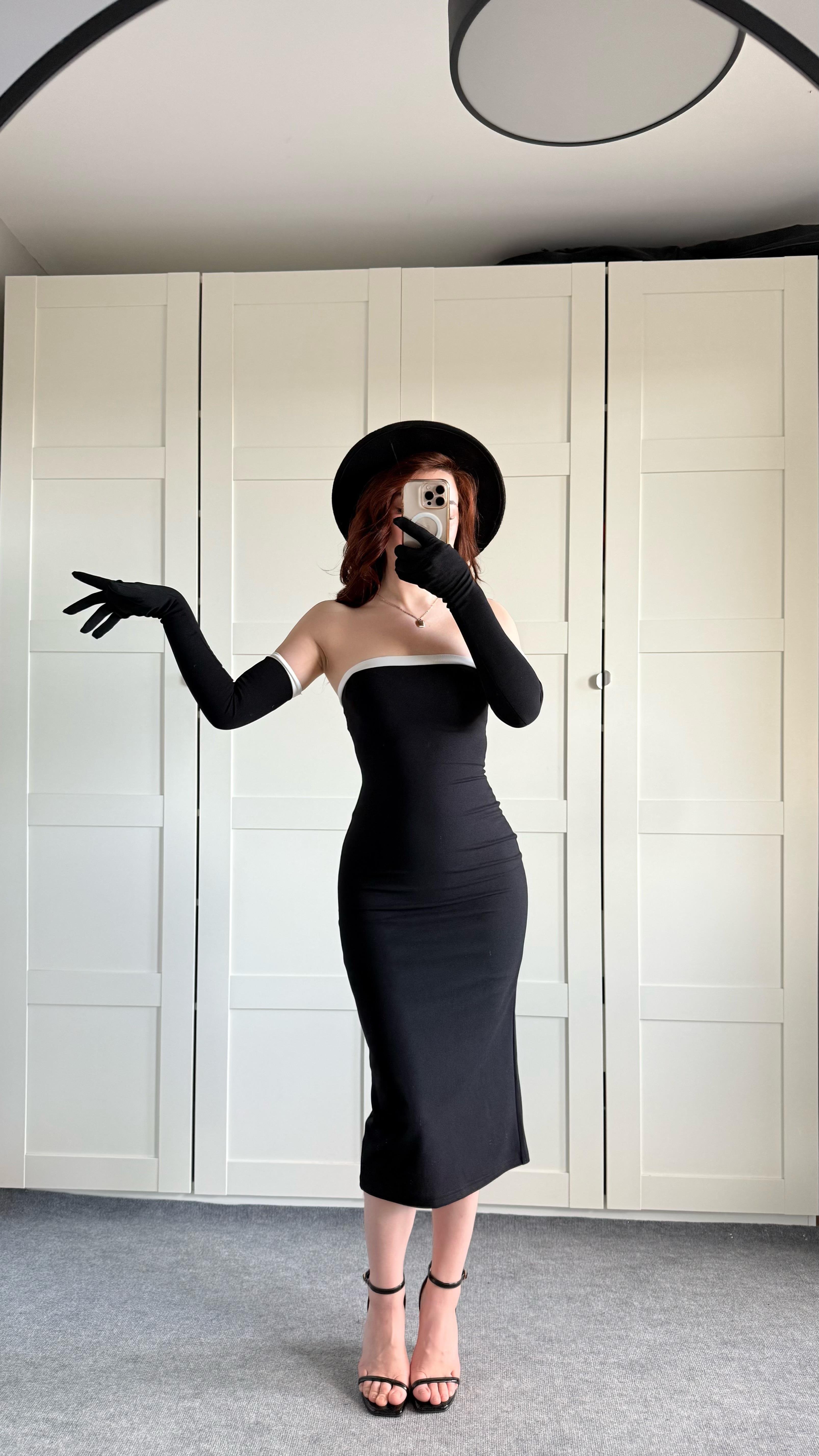 Belle Femme Siyah Eldivenli Elbise