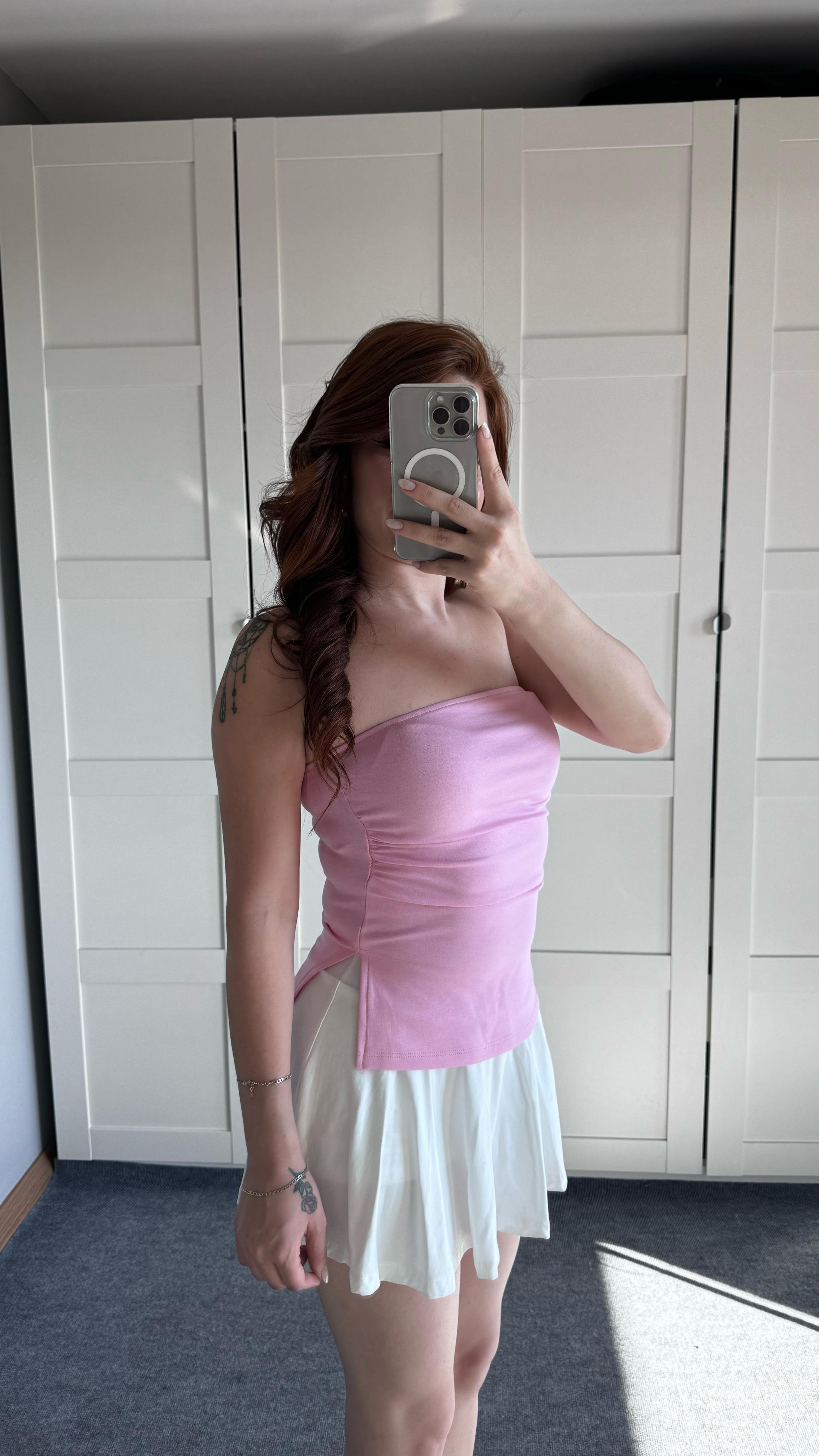 Bersh Straplez Yırtmaçlı Pembe Bluz