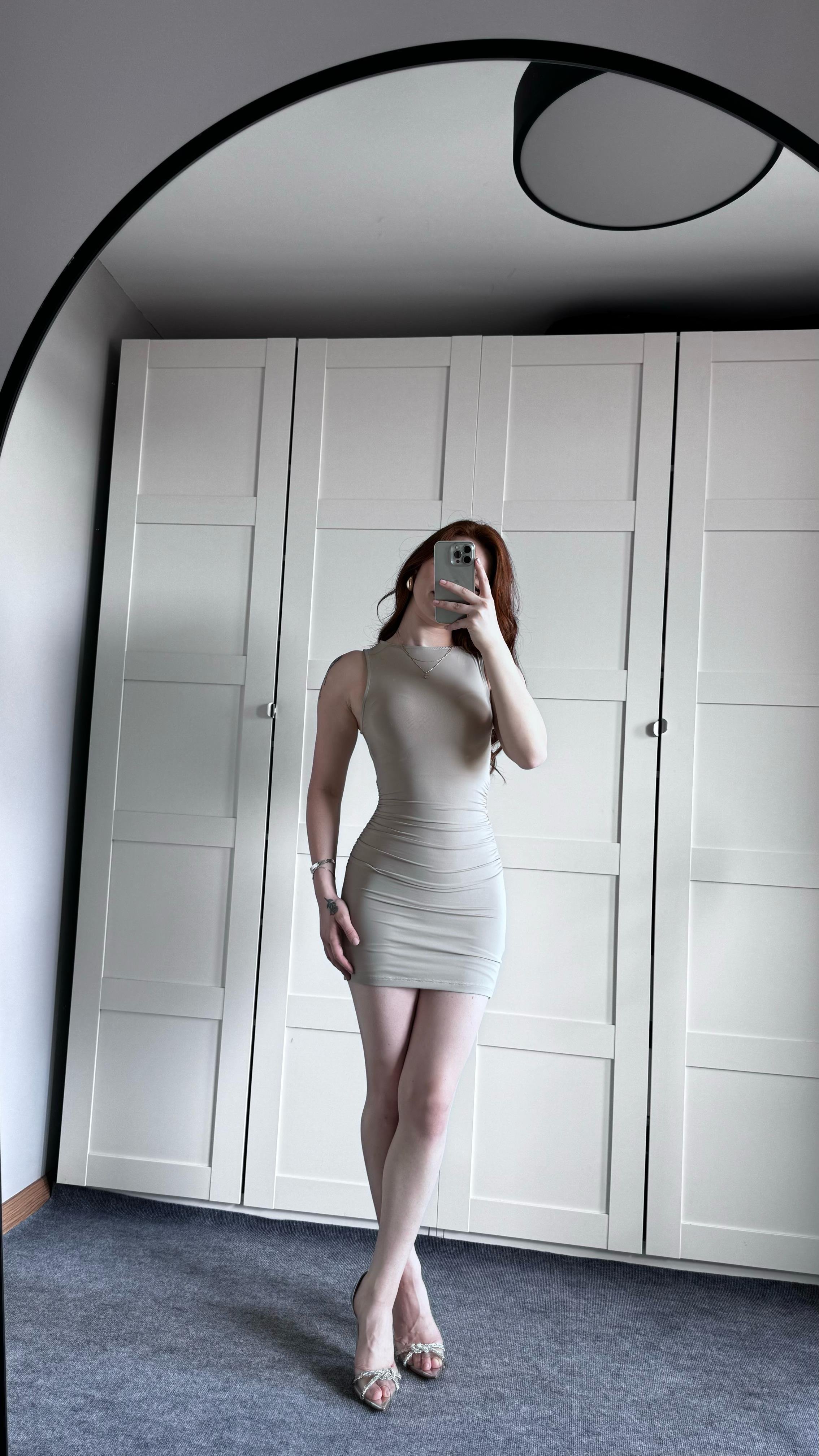 Bershka Drapeli Mini Bej Elbise