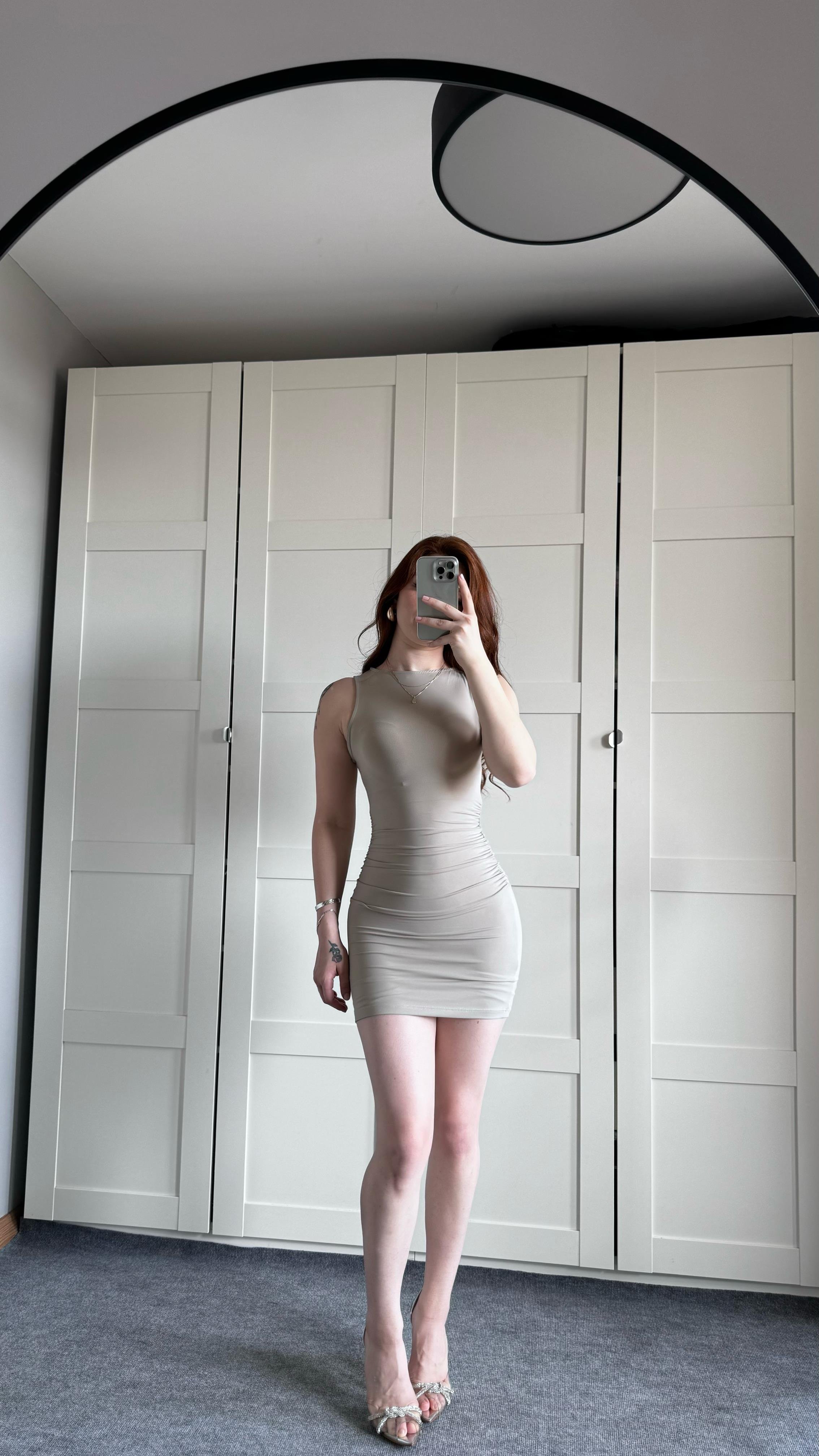 Bershka Drapeli Mini Bej Elbise