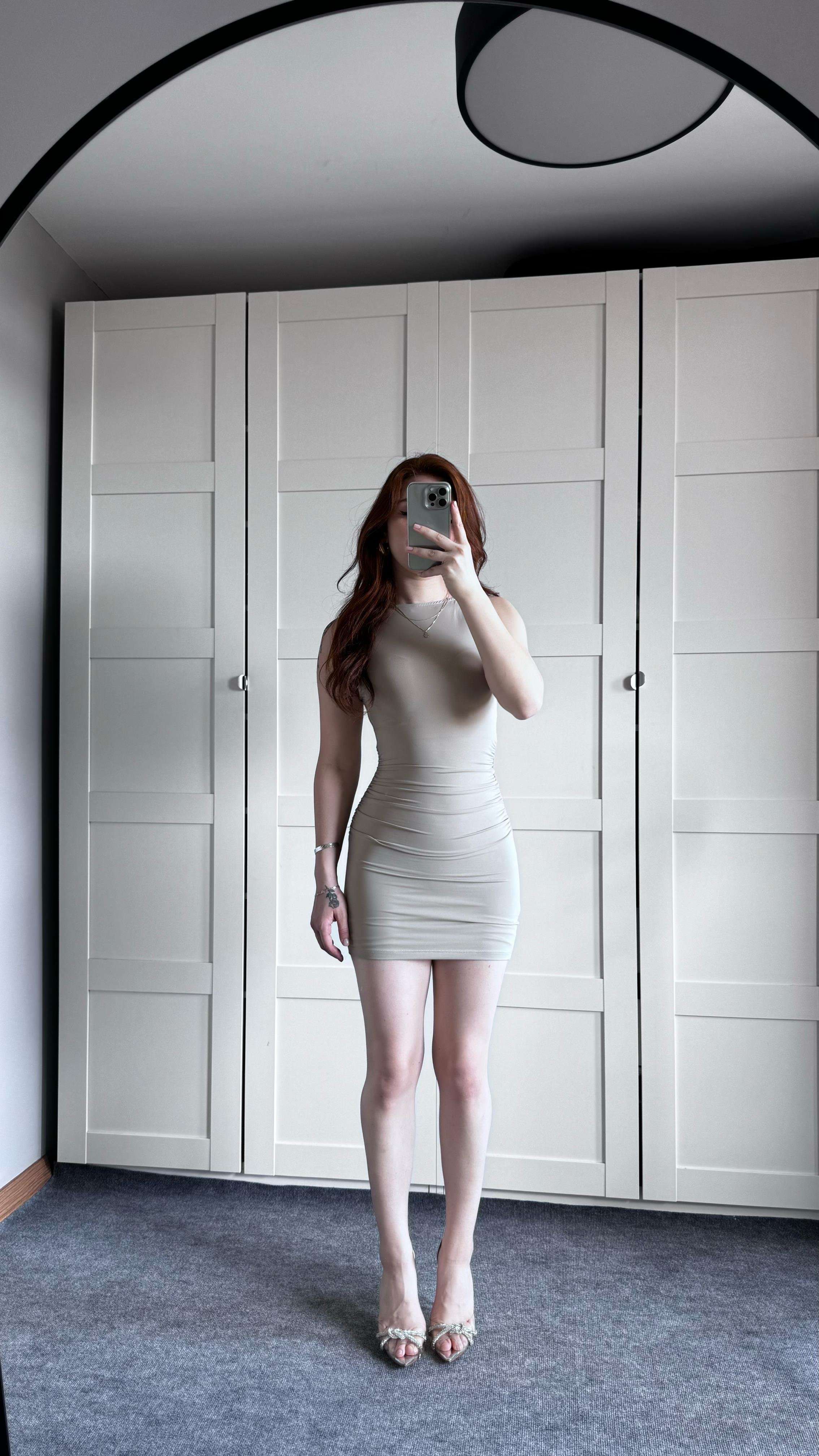 Bershka Drapeli Mini Bej Elbise