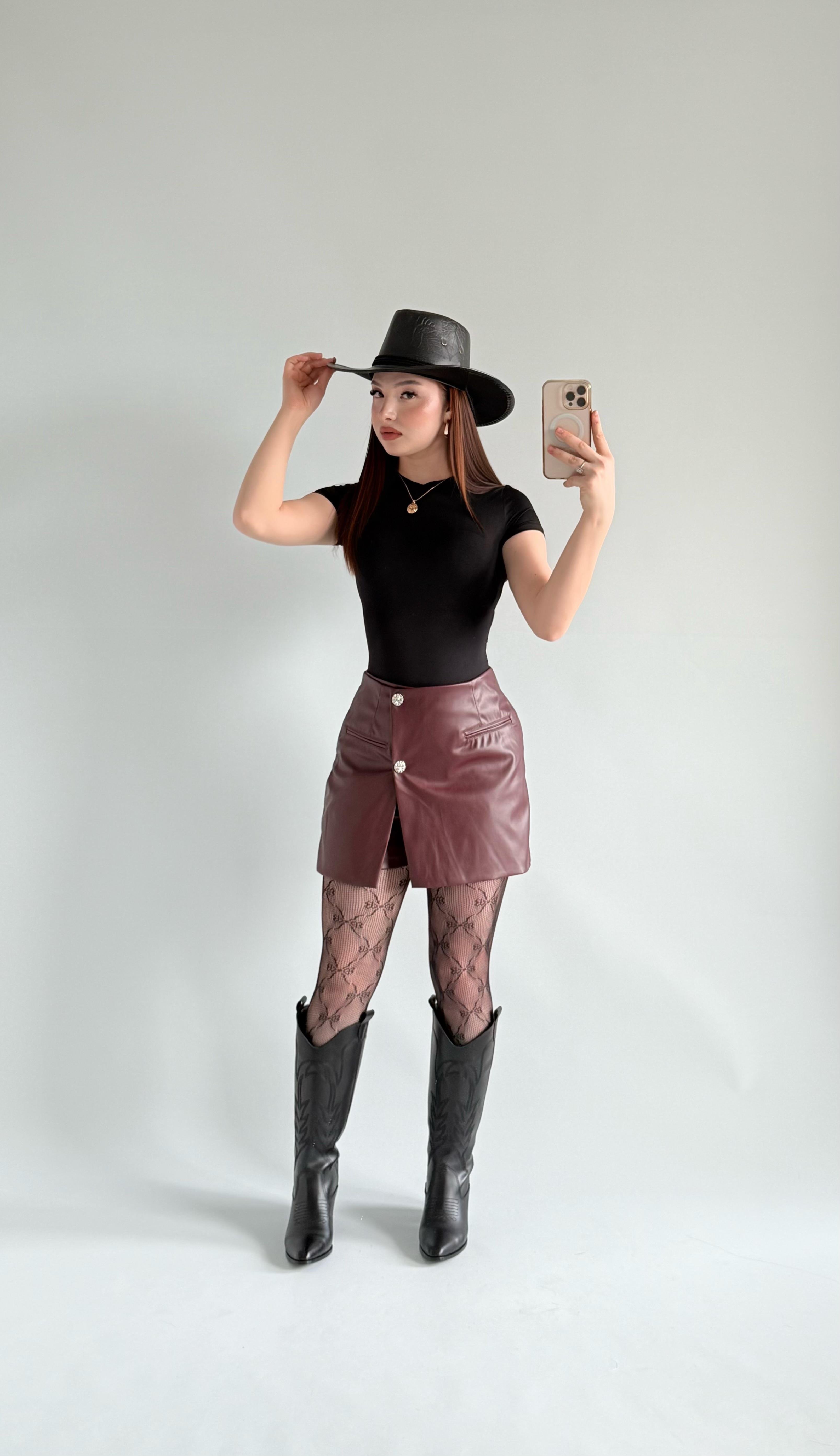 Biker Deri Şortlu Etek Bordo