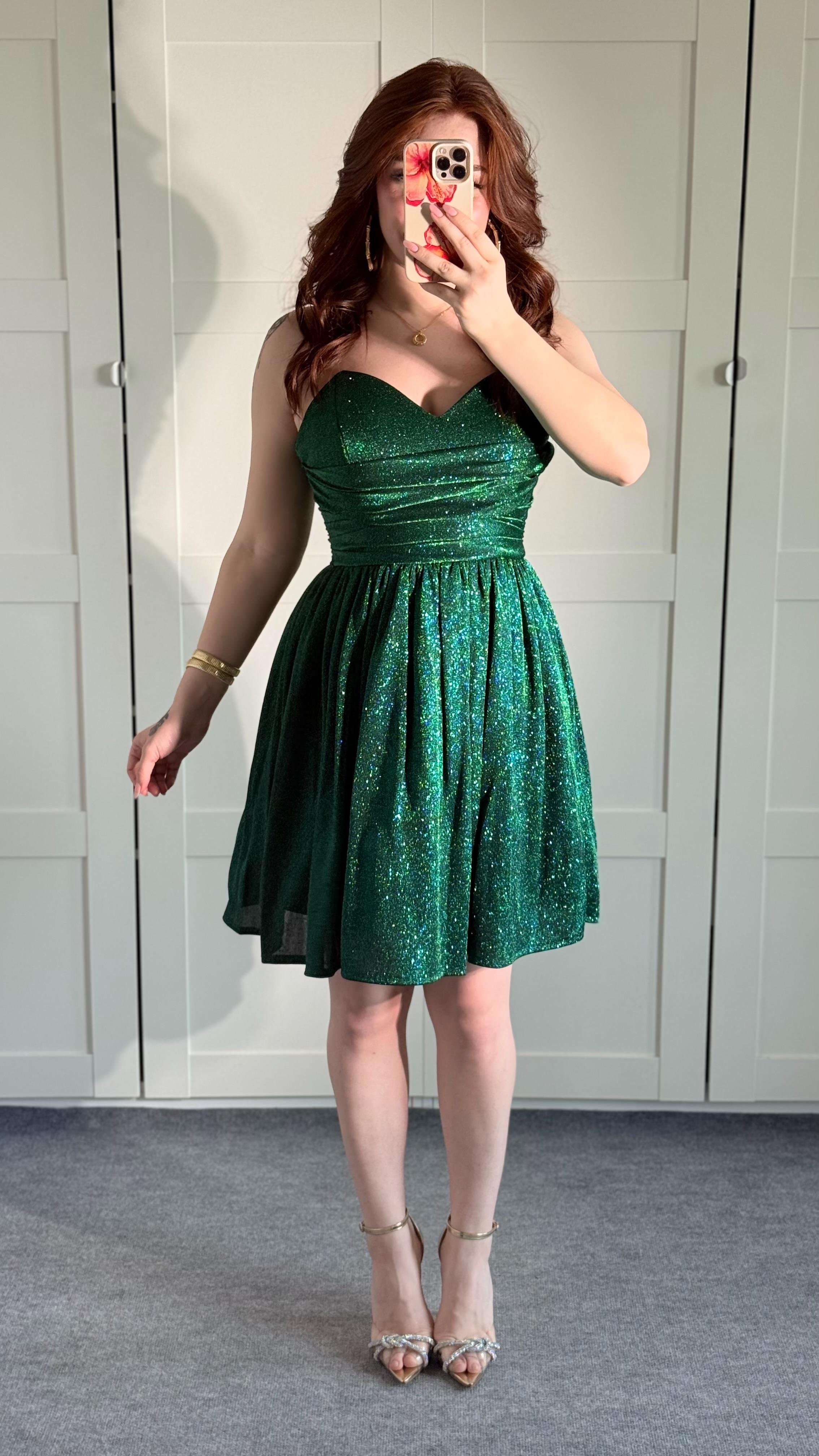 Blair Simli Straplez Mini Abiye Zümrüt Yeşil