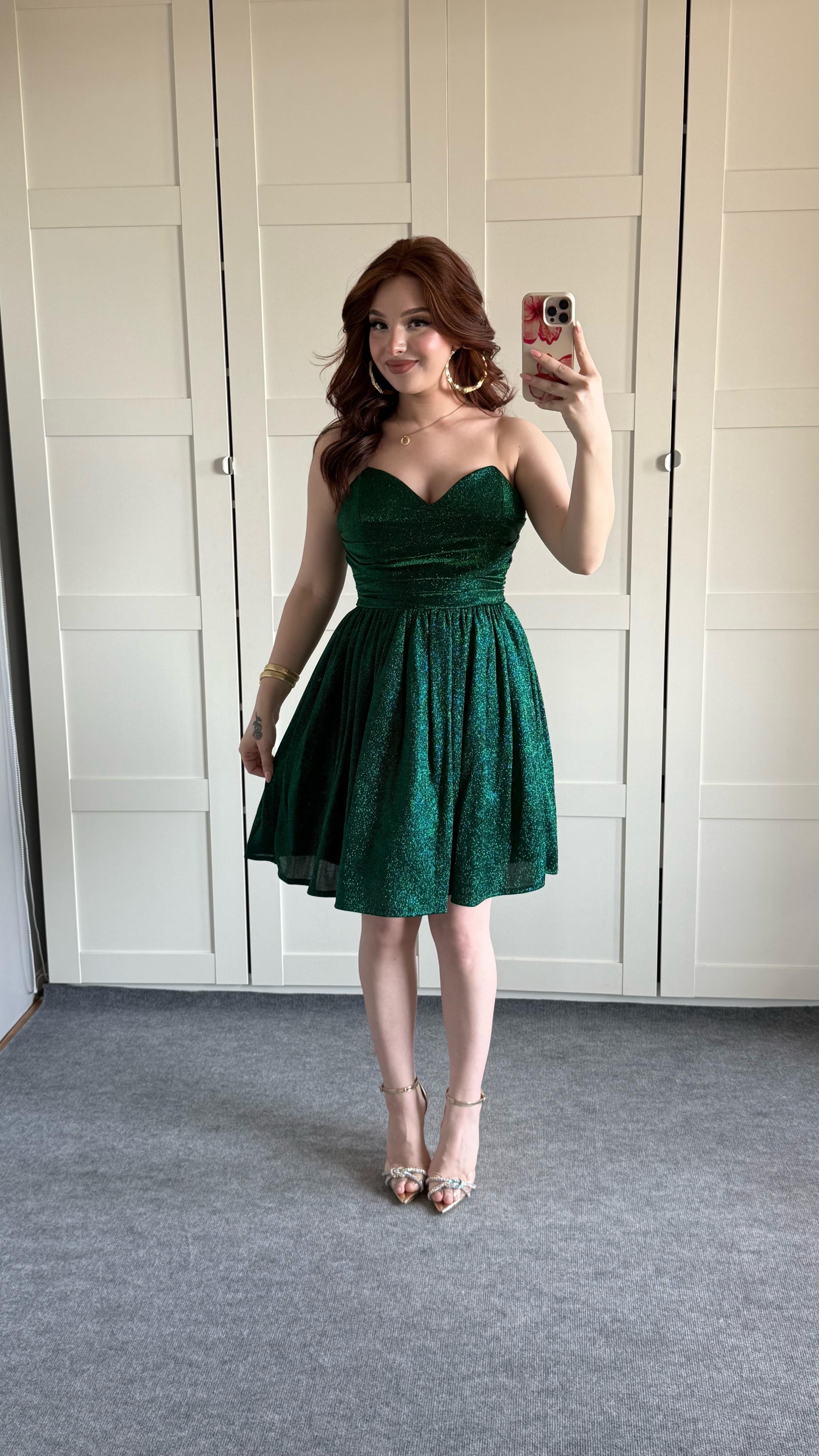 Blair Simli Straplez Mini Abiye Zümrüt Yeşil