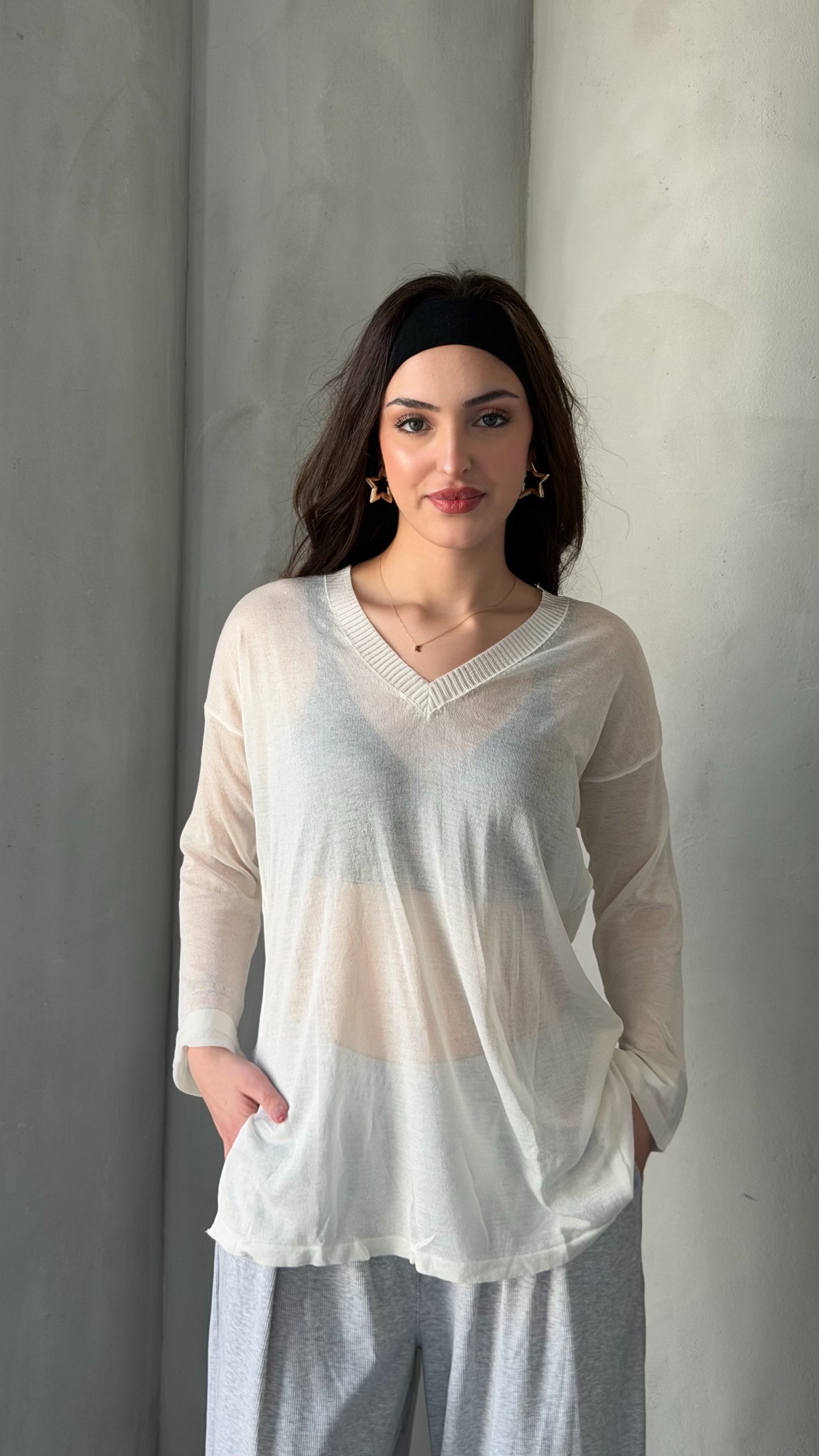 Bol Oversize Transparan Triko V Yaka Beyaz