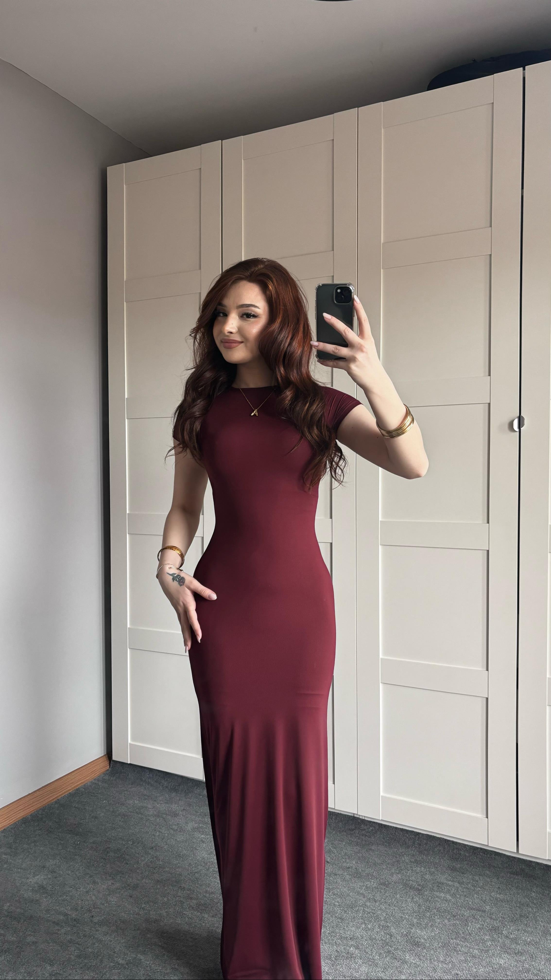 Bordo Basıc Kısa Kol Elbise