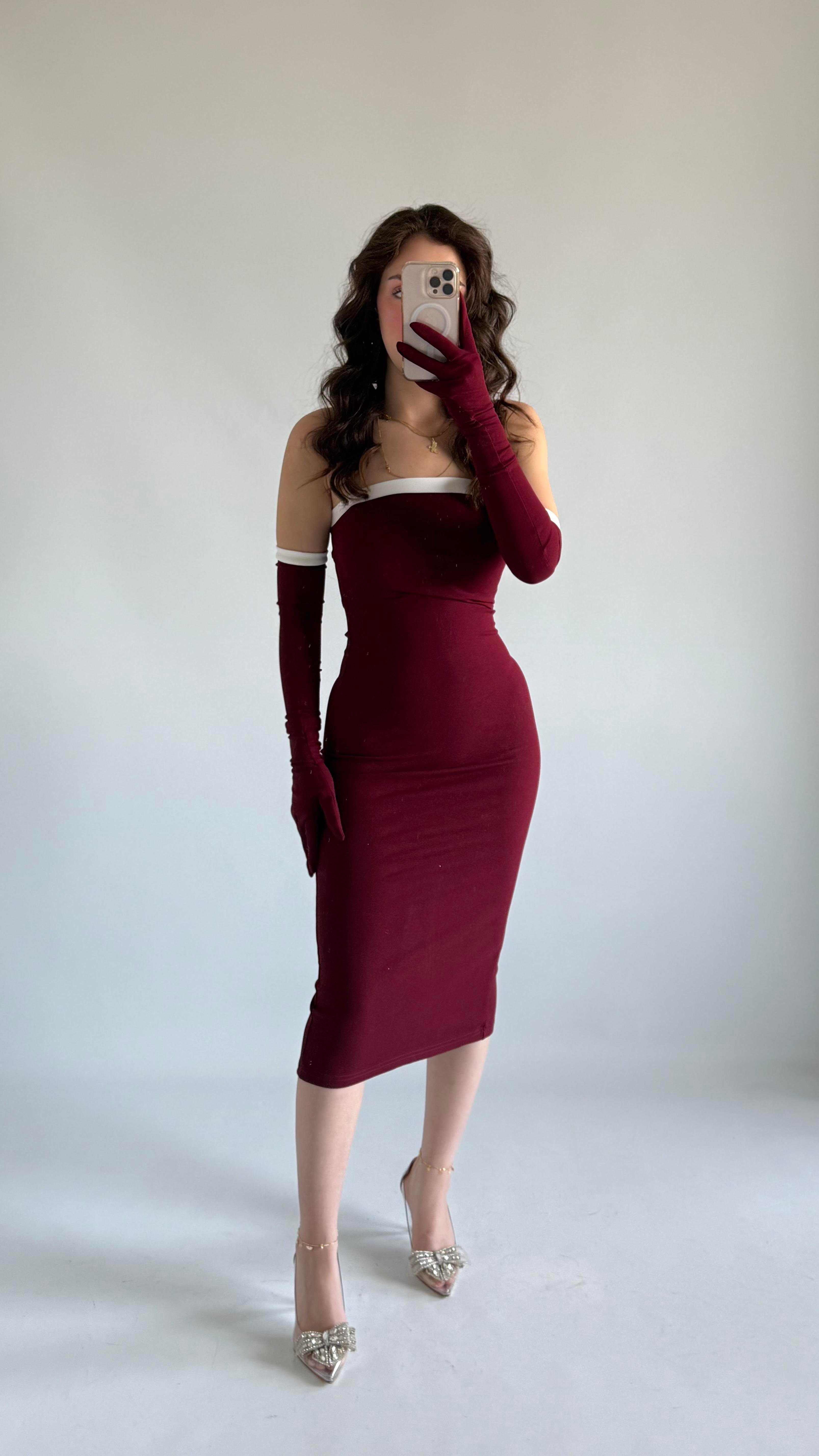 Bordo Straplez Eldivenli Elbise Kampanya