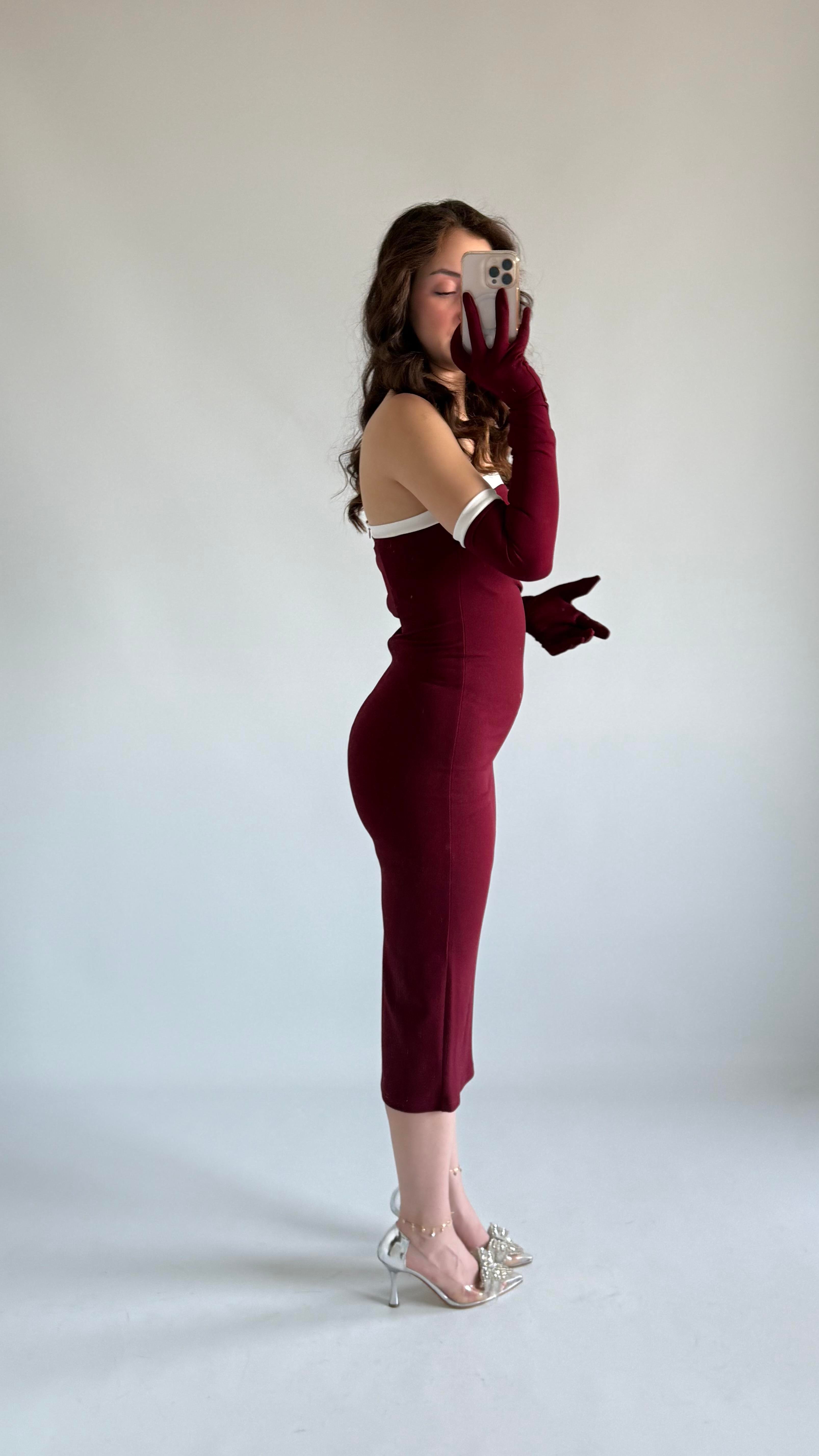 Bordo Straplez Eldivenli Elbise Kampanya