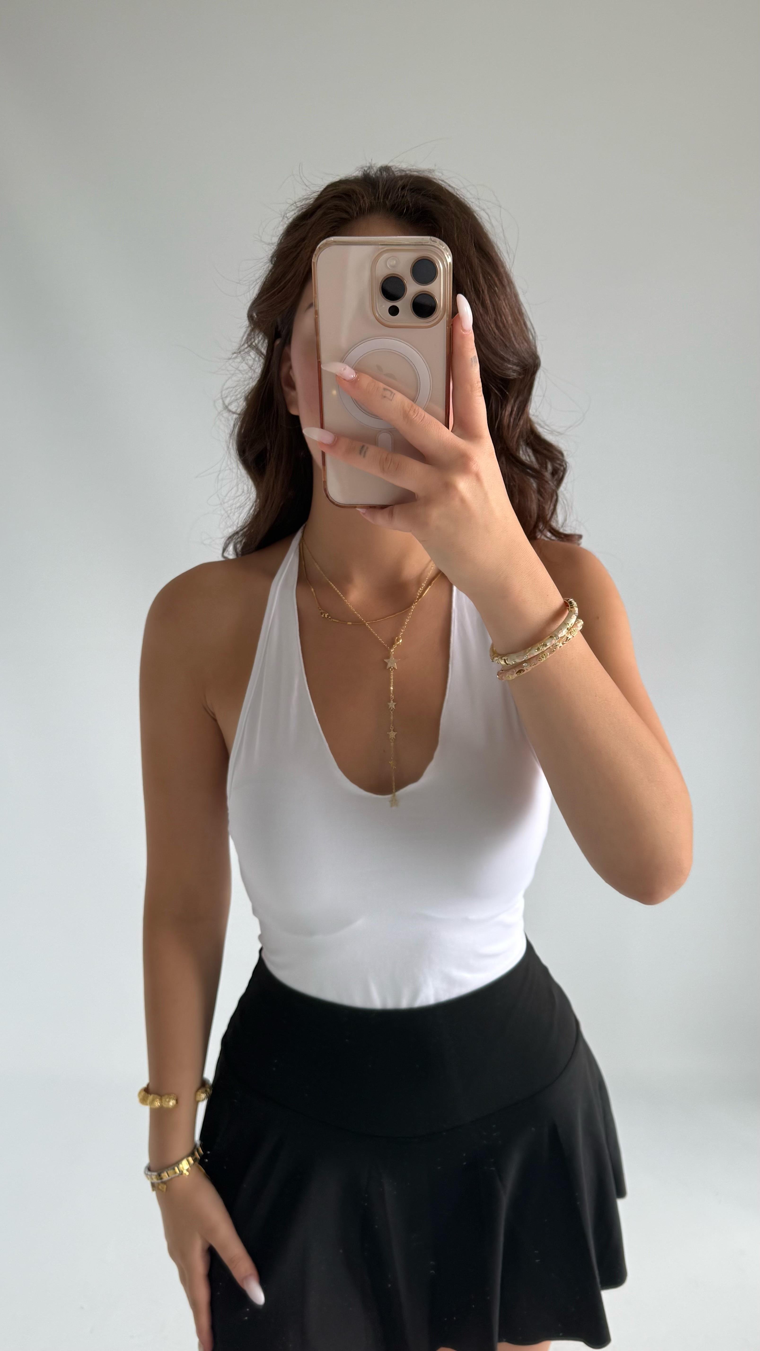 Boyun Geçirmeli Bodysuit Beyaz