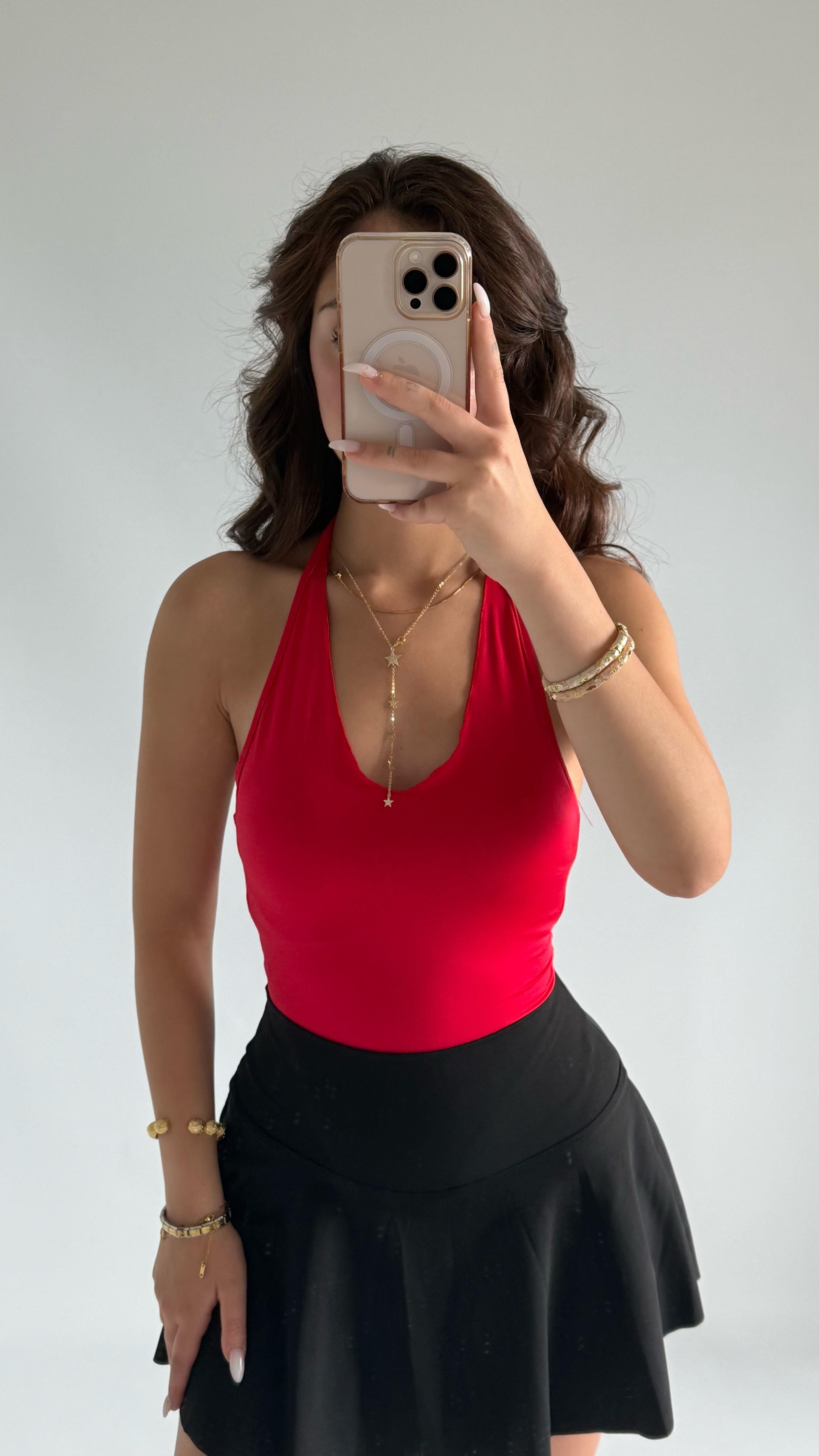 Boyun Geçirmeli Bodysuit Kırmızı