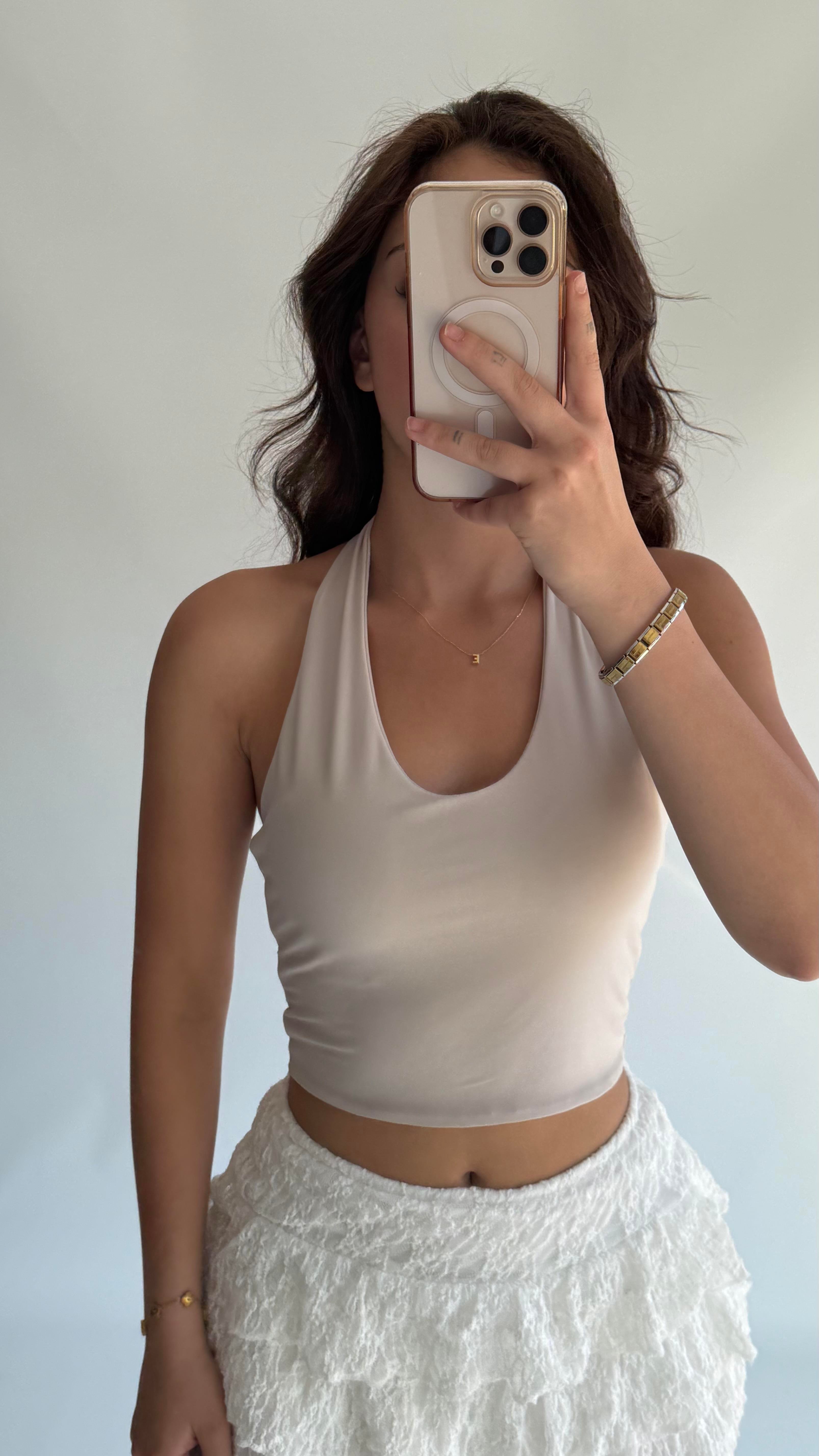 Boyun Geçirmeli Crop Sandy Bej